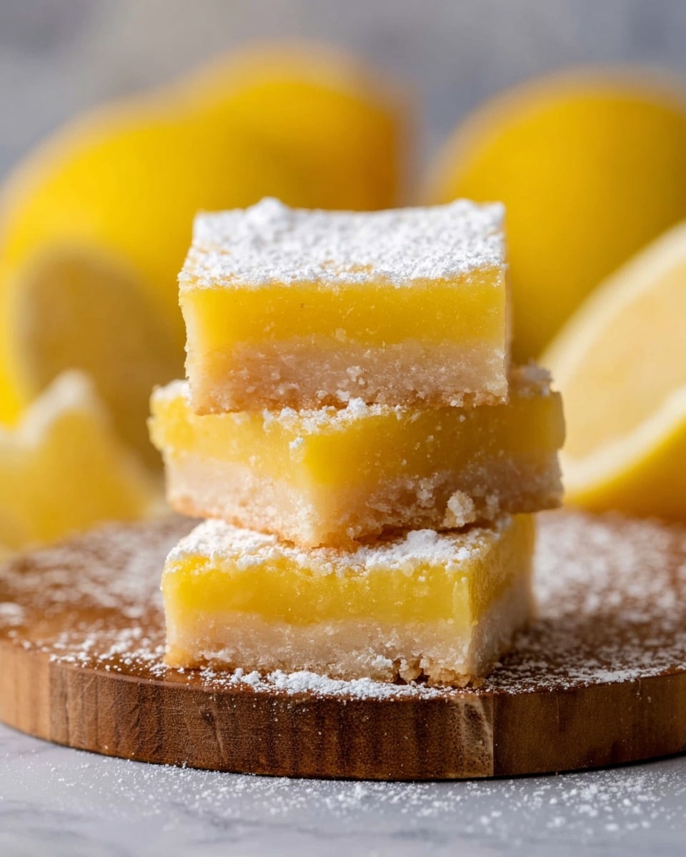 A stack of three lemon bars is shown, each with two layers: the bottom layer is a light beige, crumbly crust, and the top layer is a bright yellow, smooth lemon filling. The top surface of the top bar is dusted with white powdered sugar. The bars are placed on a round wooden board sprinkled with more powdered sugar. In the background, several whole yellow lemons are softly blurred. The setting uses a white marbled texture. photo taken with an iphone --ar 4:5 --v 7