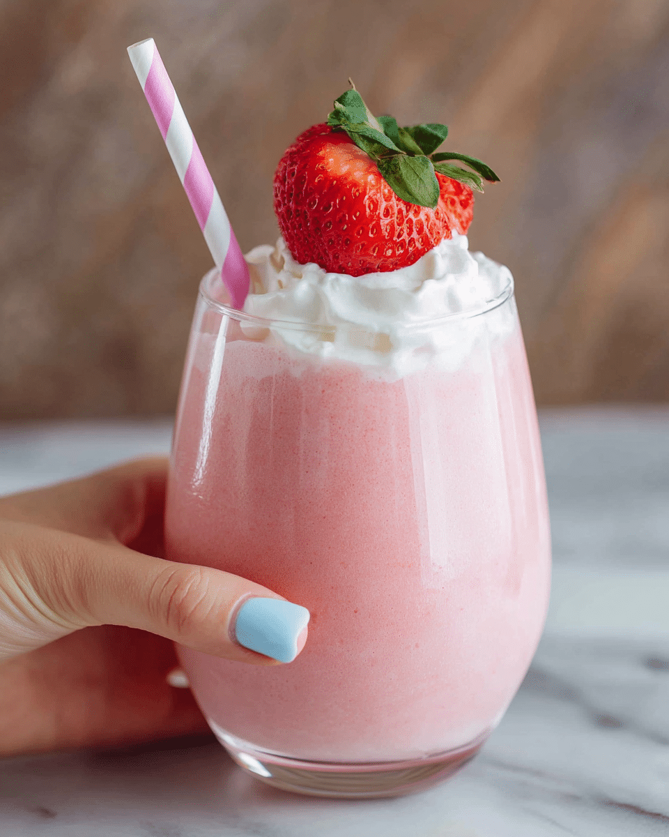 A clear glass filled with a thick, pink strawberry smoothie forms the base layer, topped with a dollop of white whipped cream that adds a fluffy texture. On top of the whipped cream rests a fresh halved strawberry with its green leaf, adding a bright red color and natural detail. A pink and white striped straw sticks out from the smoothie on the left side. A woman's hand with light blue nail polish gently holds the glass against a blurred background, all placed on a white marbled surface. Photo taken with an iphone --ar 4:5 --v 7