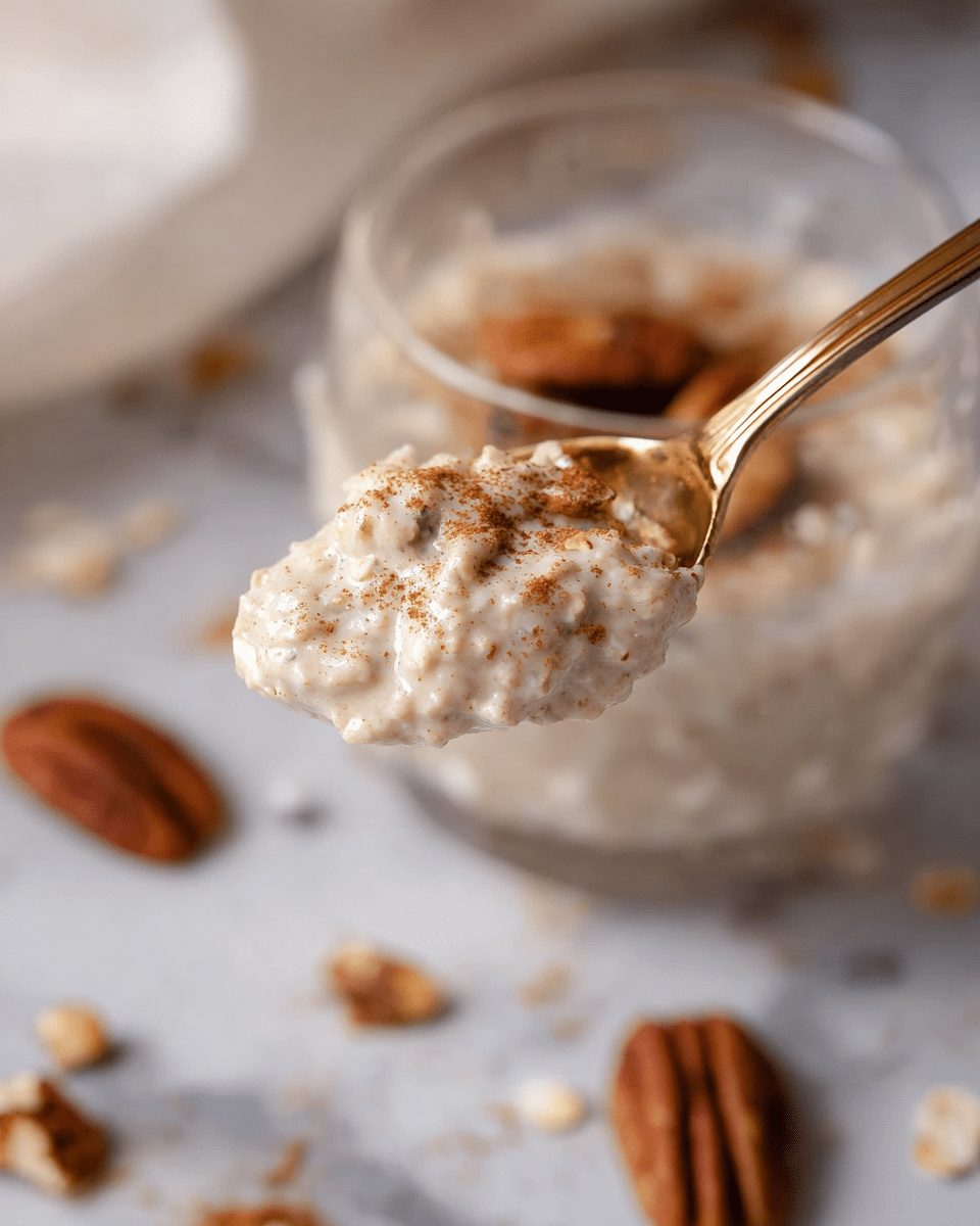 A close-up of a golden spoon holding a creamy, thick oatmeal mixture showing small oat pieces and a sprinkle of light brown cinnamon powder on top; in the background, a transparent glass cup filled with the same oatmeal is placed on a white marbled surface with scattered pecans around it, creating a cozy and warm feeling. photo taken with an iphone --ar 4:5 --v 7