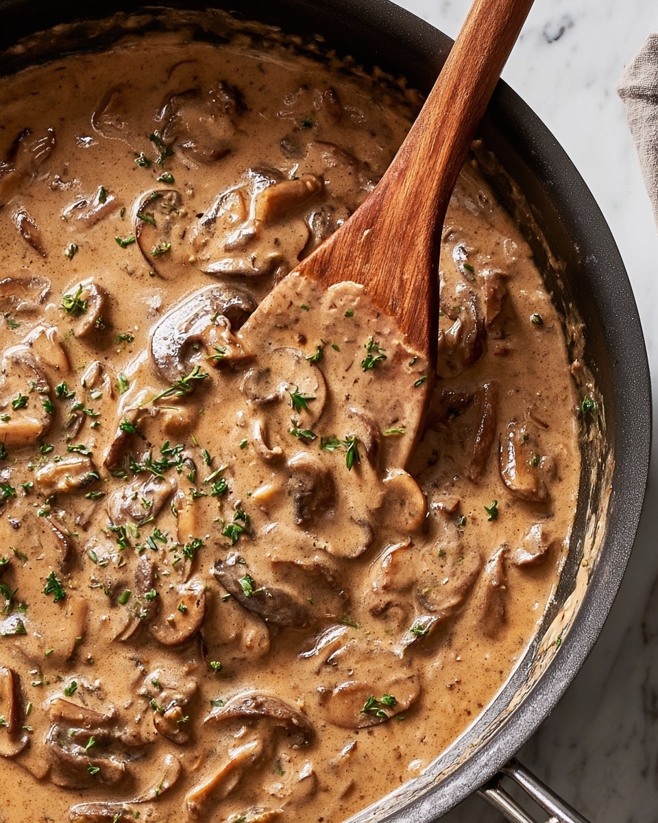 A close-up view of a creamy brown mushroom sauce with visible pieces of sliced mushrooms and small green herb bits sprinkled on top, all mixed in a thick, smooth texture. The sauce is in a black pan with a wooden spatula resting inside, coated partially in the sauce. The background is a white marbled texture. photo taken with an iphone --ar 4:5 --v 7