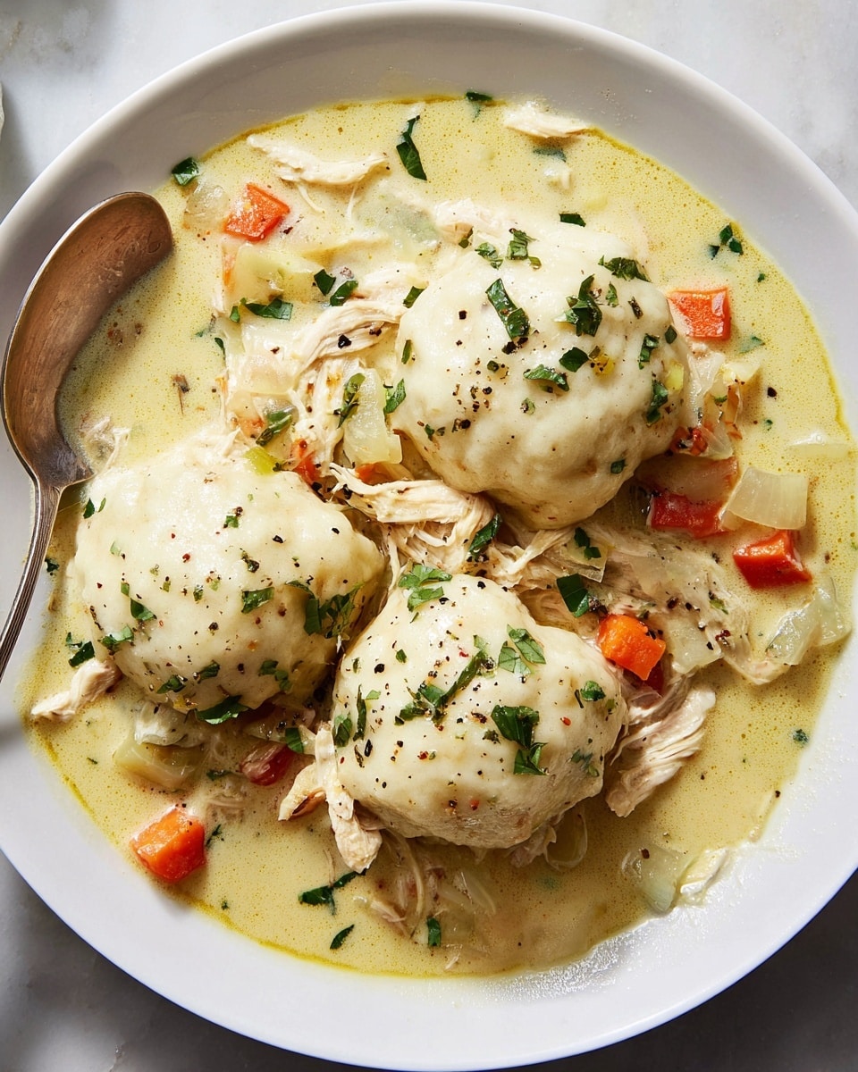 A white plate holds a creamy chicken stew with about three fluffy white dumplings on top, sprinkled with chopped green herbs and black pepper flakes. The stew has a thick light yellow sauce that covers shredded pieces of light brown chicken, small orange carrot chunks, and diced pale onions, all mixed together. The dish sits on a white marbled surface with a silver spoon partially under one dumpling on the left side. The colors contrast softly with creamy, orange, green, and white shades. photo taken with an iphone --ar 4:5 --v 7