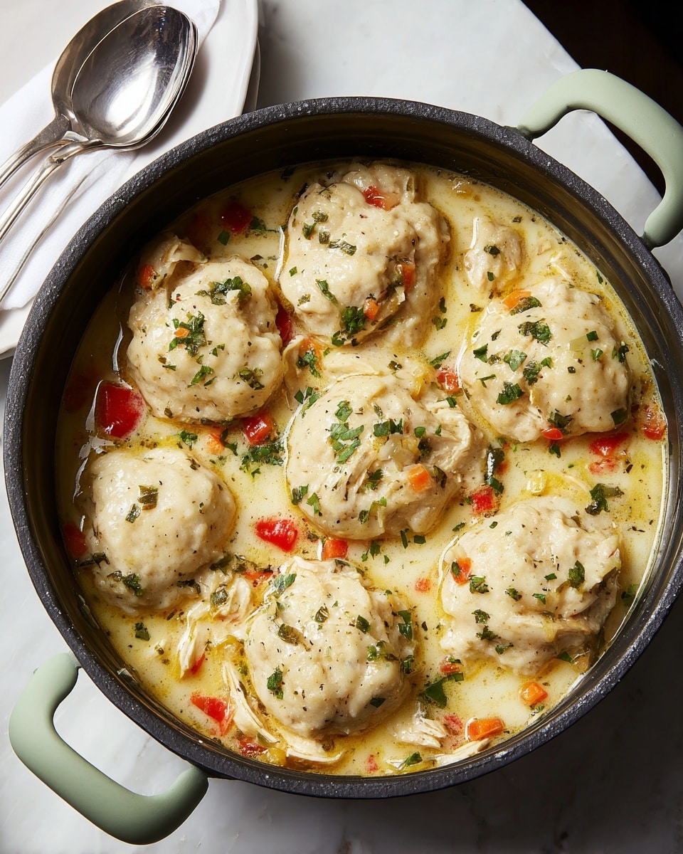 A black pot filled with six large, soft, pale cream dumplings floating in a thick, light yellow soup. Beneath and around the dumplings are shredded pieces of tender, light brown chicken and small chunks of red bell pepper. Fresh green herb leaves and specks of herbs are sprinkled generously over the dumplings and soup, adding contrast and texture. The pot sits on a white marbled surface with a silver spoon placed nearby, while the pot's handles have a muted green silicone covering. Photo taken with an iphone --ar 4:5 --v 7