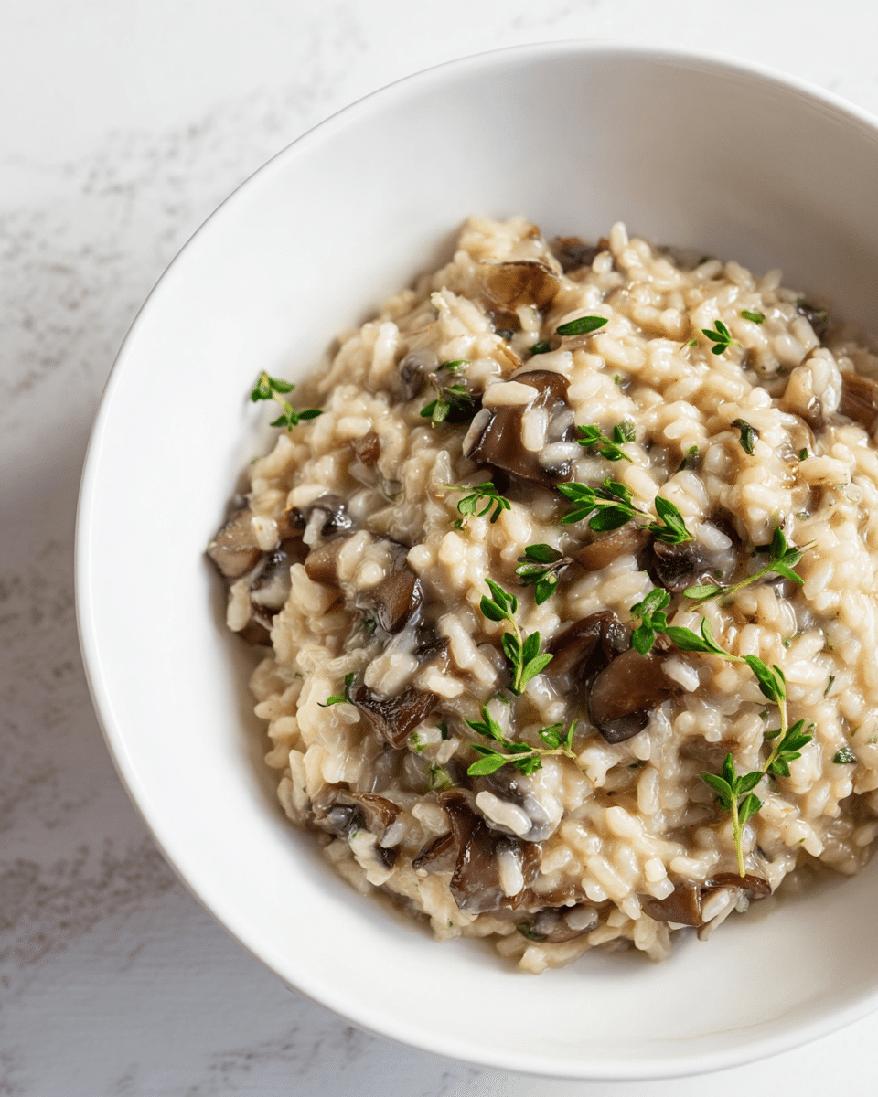 A close-up view of creamy mushroom risotto served in a white bowl placed on a white marbled surface. The risotto has a base layer of soft, light beige rice grains cooked to a moist texture mixed throughout with medium brown mushroom pieces. Small green herb leaves are scattered on top as a fresh garnish, adding a pop of color. The surface of the dish looks glossy and creamy, showing a rich sauce that holds the ingredients together. Photo taken with an iphone --ar 4:5 --v 7