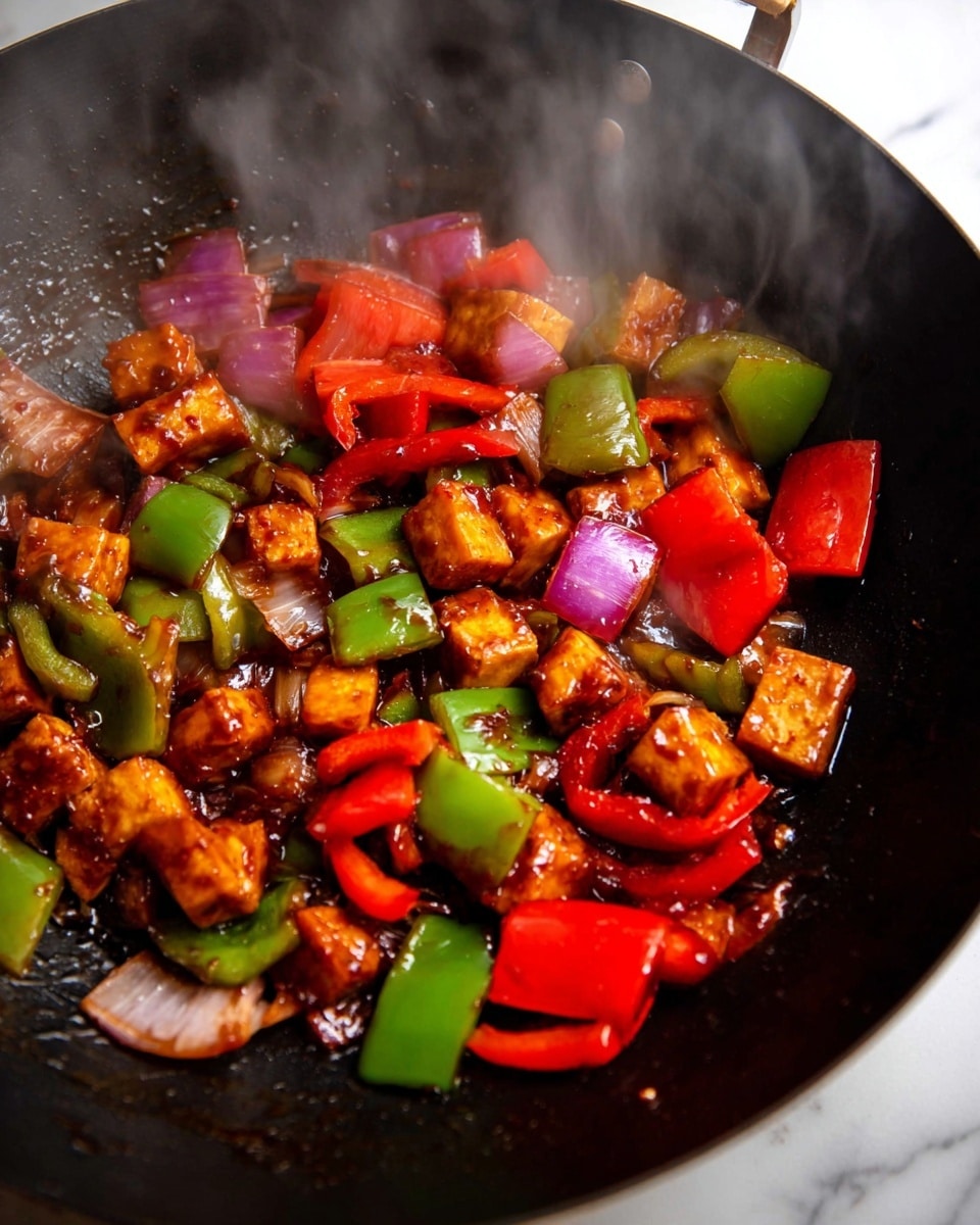 The image shows a hot stir-fry in a black pan with steam rising. The stir-fry has three main layers: bright red bell pepper pieces that are shiny and soft, green bell pepper chunks that are fresh-looking and slightly glossy, and golden-brown tofu cubes that are firm and caramelized. There are also some pieces of purple onion mixed inside, adding a bit of color contrast. The sauce looks sticky and glossy, coating the vegetables and tofu evenly. The black pan contrasts with the vibrant colors of the vegetables and tofu, and the background features a white marbled texture. photo taken with an iphone --ar 4:5 --v 7