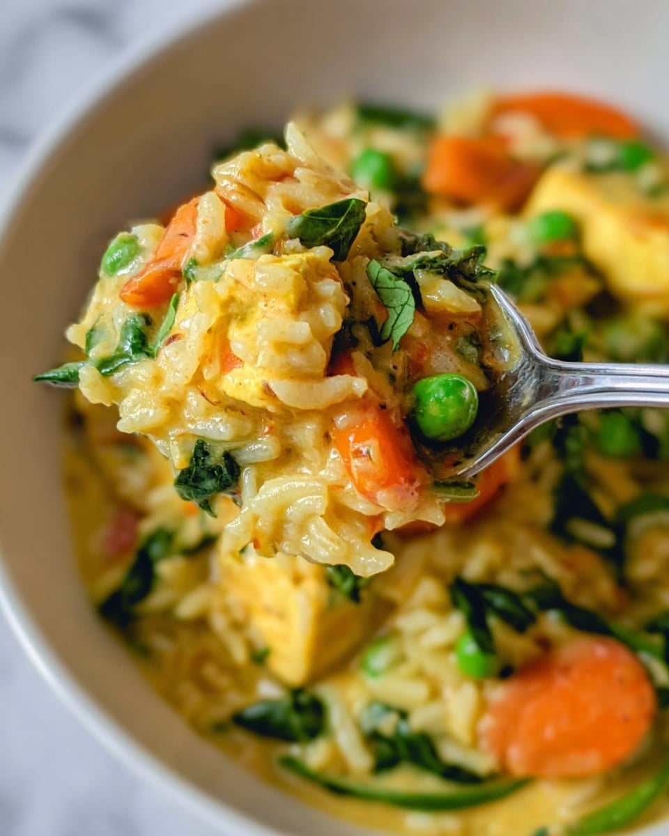 A close-up of a spoon lifting a mix of creamy yellow rice with soft texture, orange carrot slices, bright green peas, cooked onions, and spinach leaves, along with some small chunks of light yellow paneer, all glistening with a rich sauce inside a white bowl placed on a white marbled surface. photo taken with an iphone --ar 4:5 --v 7