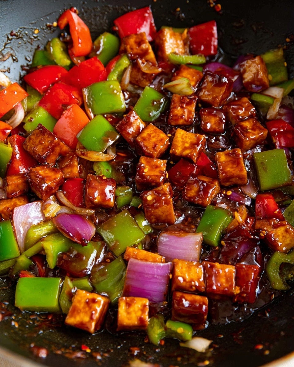 This image shows a close-up of a stir-fry dish in a pan, featuring multiple layers of colorful vegetables and tofu. The top layer has glossy, cubed tofu pieces coated in a sticky dark brown sauce, mixed with chopped red and green bell peppers showing smooth, shiny skins in rich red and green hues. There are also pieces of purple-red onion with a slightly translucent texture scattered throughout. The vegetables and tofu are all mixed together in a thick, glossy sauce with small bits of crushed garlic or chili flakes visible. The pan surface underneath is black, with some sauce drops and small bits of ingredients around the edges. photo taken with an iphone --ar 4:5 --v 7