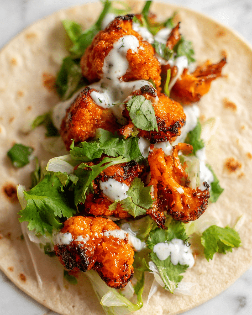 A close-up view of a soft, light beige tortilla as the base layer, topped with several pieces of crispy orange fried cauliflower, which have some darker charred spots and an uneven texture. White creamy drizzle is spread unevenly over the cauliflower pieces. Fresh green cilantro leaves are sprinkled on top, adding a bright touch of color, along with a few slivers of white onion. The dish is set on a white marbled surface. photo taken with an iphone --ar 4:5 --v 7
