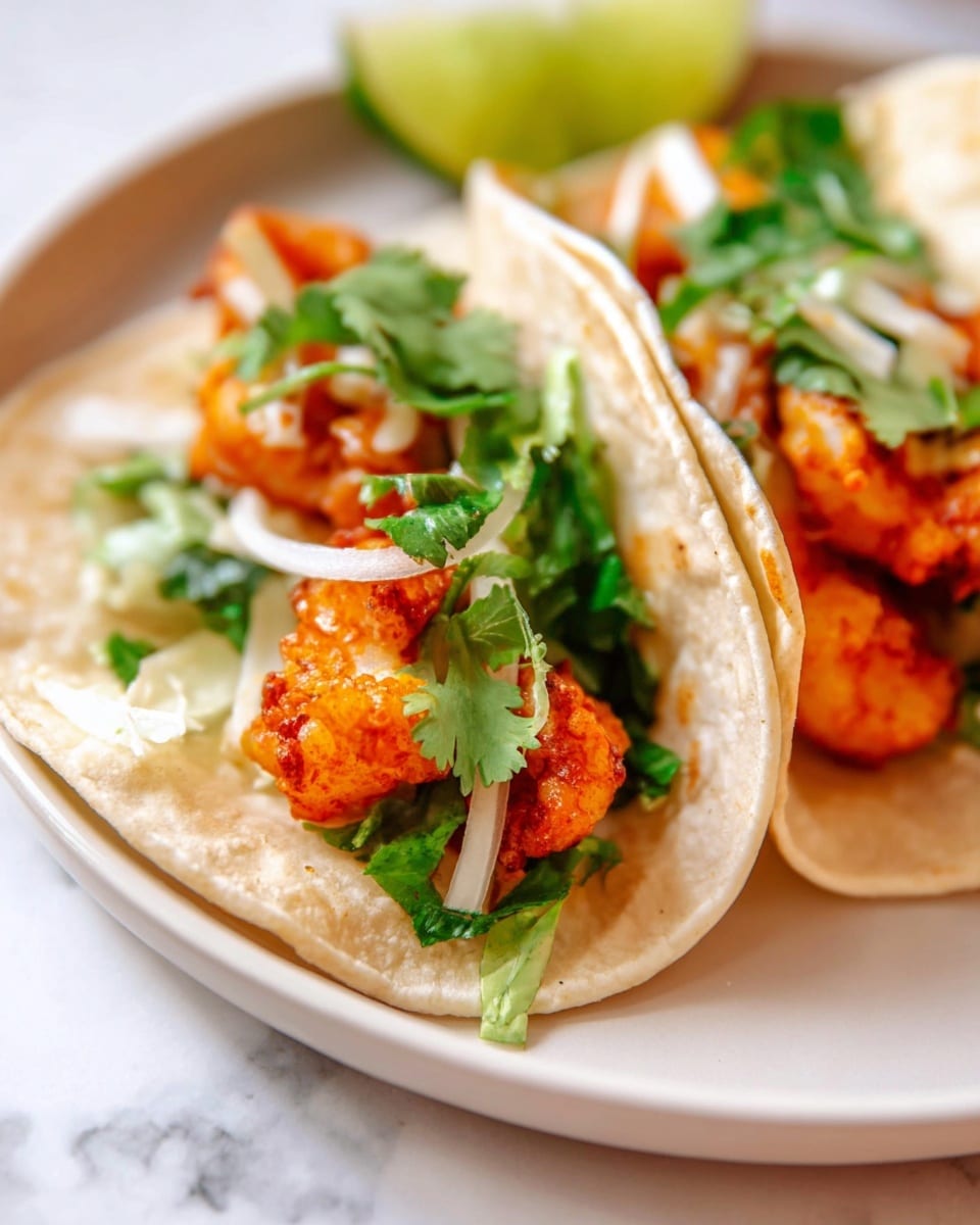 Two tacos sit side by side on a white plate, against a white marbled surface. Each taco has three visible layers: the soft pale beige tortilla shell forms the base, inside it is filled first with fresh green cilantro leaves and thin white slices of onion, and topped with bright orange battered shrimp that have a slightly crispy texture. A wedge of lime is partially visible on the side of the plate, adding a hint of yellow-green color. The image is close-up and bright, showing the juicy and fresh details clearly. photo taken with an iphone --ar 4:5 --v 7