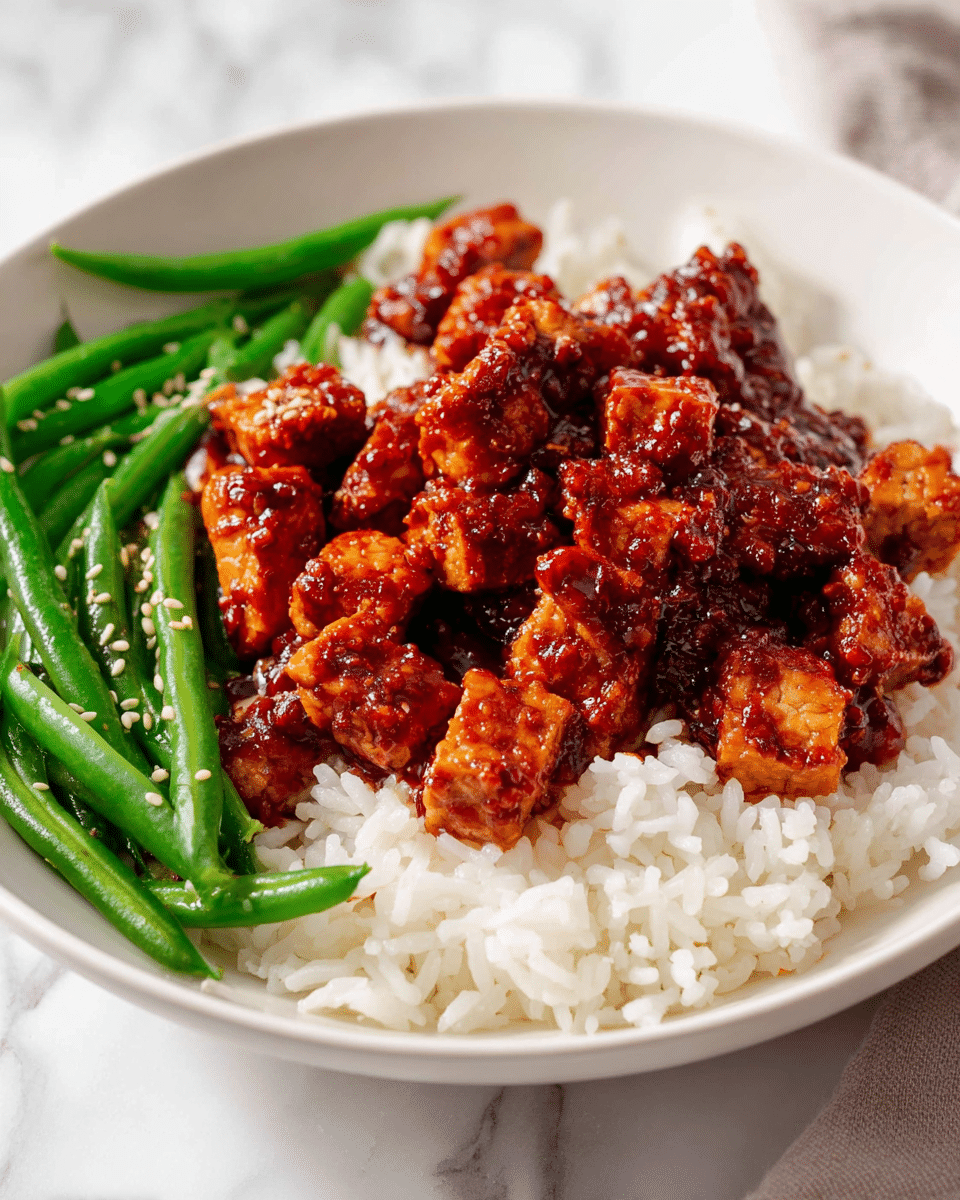 A white bowl contains three main parts: on the left is a pile of green beans with a bright green color and a few small seeds sprinkled on top, in the middle and right is a mound of white rice with a slightly soft texture, and on top of the rice on the right side are cubed pieces of tofu coated in a shiny reddish-brown sauce with a sticky and slightly chunky texture. The bowl is set on a white marbled textured surface with a beige cloth partially visible at the bottom right corner. Another similar bowl with the tofu and rice mix is partially visible at the top right corner. photo taken with an iphone --ar 4:5 --v 7