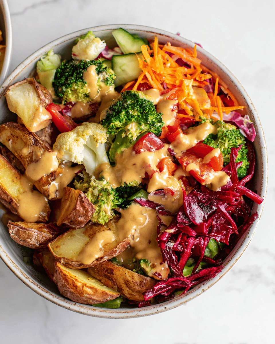A bowl filled with a colorful layered salad sits on a white marbled surface. At the bottom, there are thick wedges of roasted potatoes with a crispy brown texture. On top, bright green broccoli florets and white cauliflower pieces add a fresh look. Shredded orange carrots and deep red shredded beets are scattered generously over the vegetables. Slices of green cucumber and chunks of red tomato add more color. The entire bowl is drizzled with a creamy beige sauce that glistens on the vegetables and potatoes, giving a rich finish. photo taken with an iphone --ar 4:5 --v 7