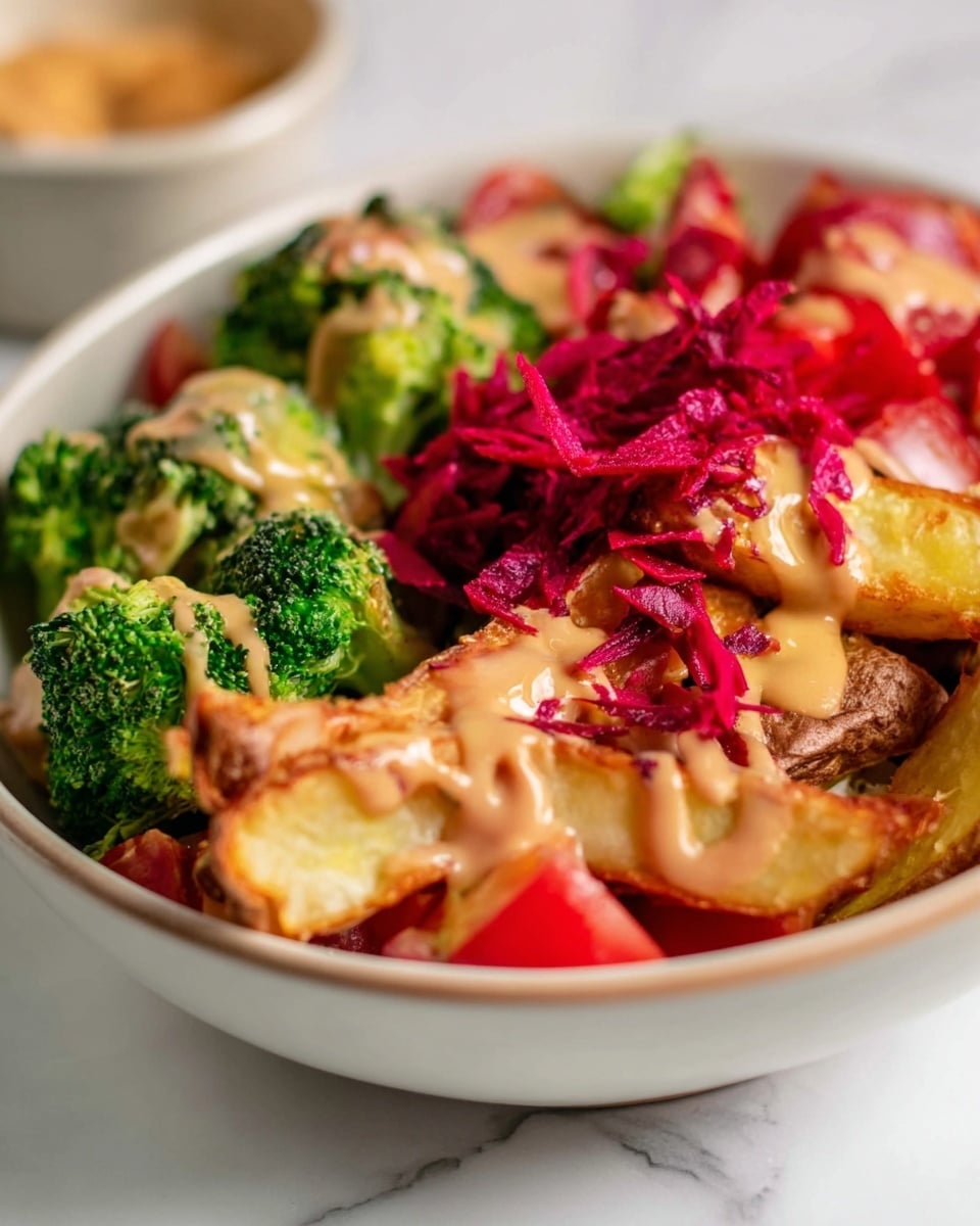 A bowl filled with layers of colorful fresh food sits on a white marbled surface. The bottom layer has bright green broccoli florets and small pieces of red tomato. On top, there are long brown potato wedges that look crispy. Over the potato wedges, there are thin red beet shreds spread across the bowl. The whole bowl is drizzled with a smooth, light brown sauce that adds shine and texture over the vegetables and potato wedges. The bowl itself is white, round, and deep enough to hold all the ingredients together. The background is softly blurred, emphasizing the fresh and colorful food inside the bowl. Photo taken with an iphone --ar 4:5 --v 7