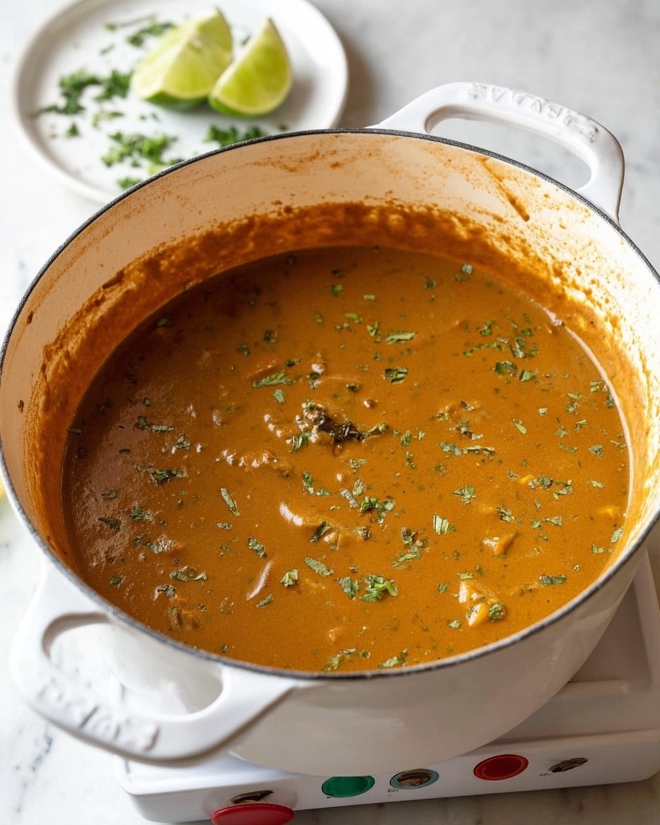 A large white pot with two handles holds a thick, smooth brownish-orange sauce with a few visible small chunks, possibly vegetables. Green herbs are sprinkled unevenly on the surface, adding spots of color. The pot is on a white hot plate with red and green buttons visible. In the background, on a white marbled surface, there is a small white plate with a halved lime and some scattered green herbs, slightly out of focus. The pot has some splattered bits and stains on the inner sides, showing it has been simmering for a while. photo taken with an iphone --ar 4:5 --v 7