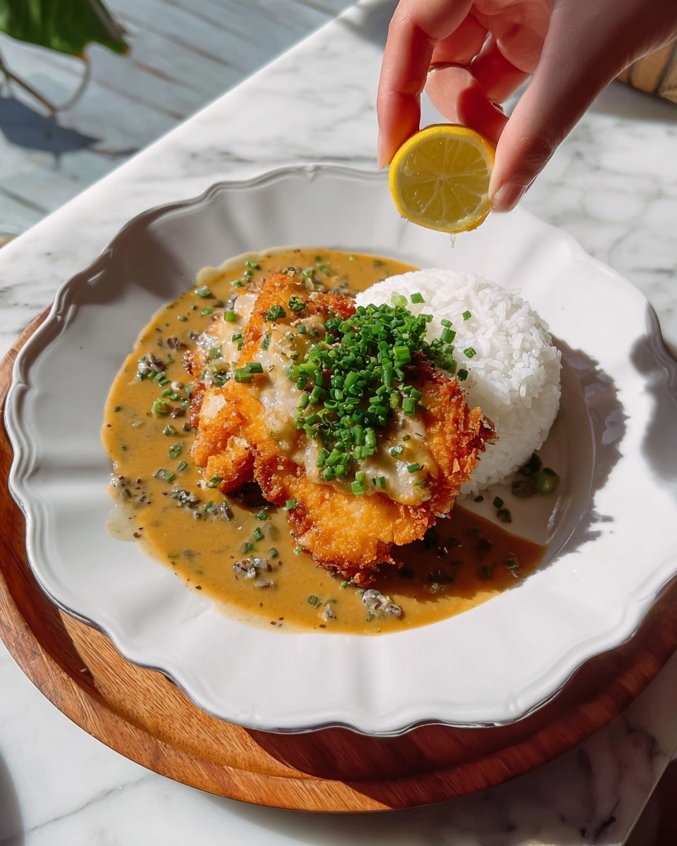 A white scalloped plate holds a serving of white rice on the right side, next to a piece of golden-brown crispy chicken placed slightly to the left. The chicken sits on a light brown sauce with herbs and small bits in it that spread slightly across the bottom of the plate. The chicken is topped with a small pile of chopped green onions. Above the plate, a woman's hand is squeezing a small wedge of lemon, with drops visibly falling. The plate is placed on a round wooden board, and the background shows a white marbled surface with soft natural light highlighting the textures and colors. Photo taken with an iphone --ar 4:5 --v 7