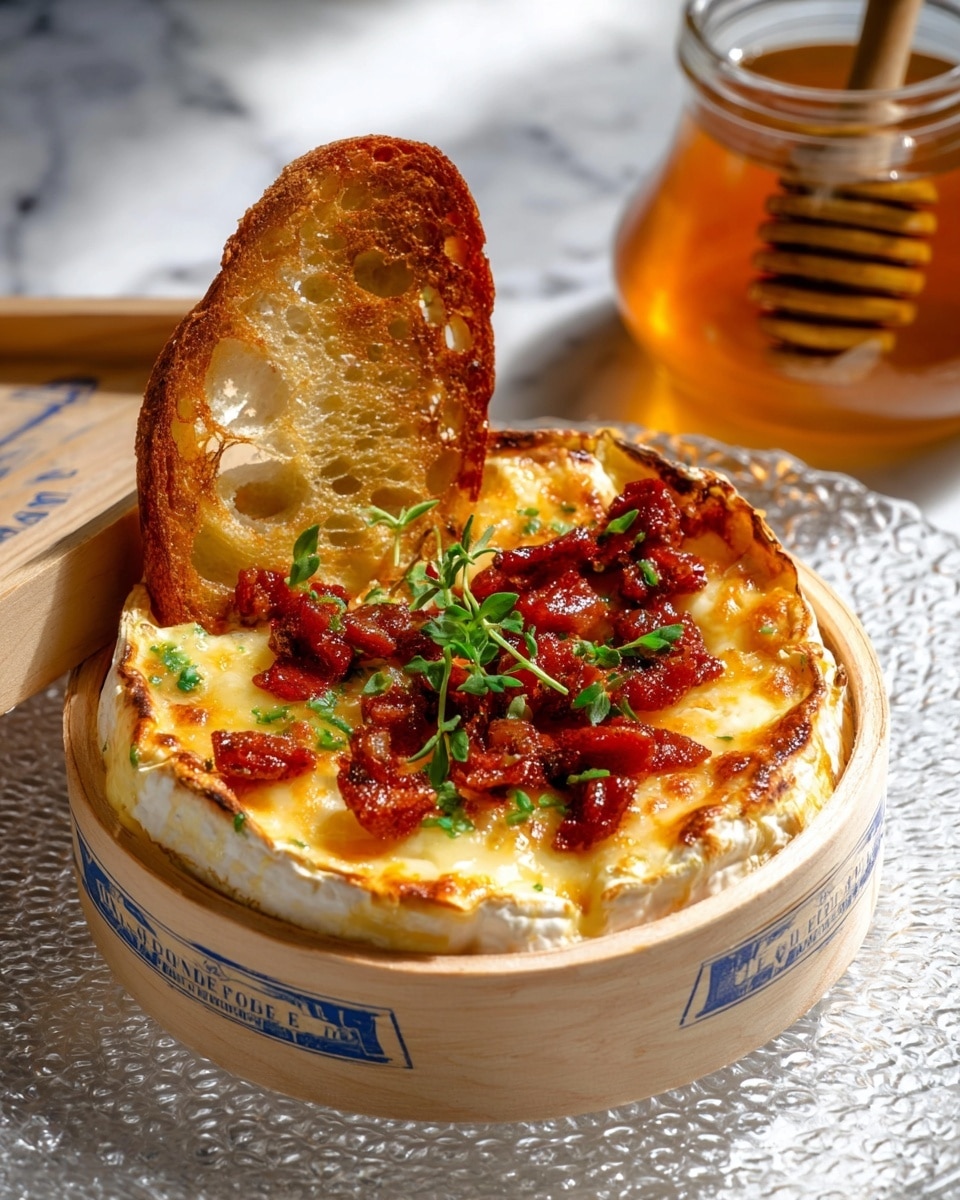 The image shows a soft round cheese with a light orange, melty top layer, slightly browned in spots, resting inside a wooden box with blue text. Scattered on top are small, crispy pieces of reddish-brown meat and finely chopped green herbs, adding color contrast. A golden-brown toasted slice of bread is placed vertically into the cheese, showing a crunchy texture with irregular holes. The cheese sits on a clear, textured glass plate, all placed on a white marbled surface. In the background, a glass container of honey with a wooden dipper is partly visible, adding warmth to the scene. Photo taken with an iphone --ar 4:5 --v 7