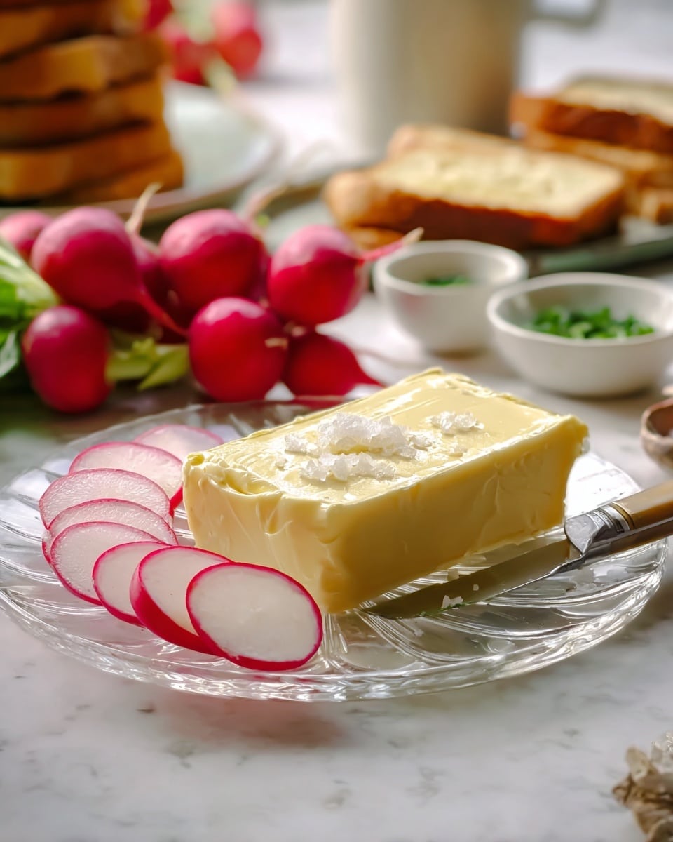A clear textured glass plate sits on a white marbled surface, holding a rectangular block of smooth, pale yellow butter topped lightly with flakes of sea salt as the main layer. To the left of the butter, thinly sliced rounds of radish with white interiors and deep red edges are neatly arranged in a slight curve, forming the second layer. Behind these, whole radishes with red skin and white tips create a natural, rounded group. In the background, slightly out of focus, there is a stack of golden toasted bread slices and small white bowls containing chopped green herbs and coarse salt, along with a butter knife resting beside the butter block. The scene is softly lit and warm. photo taken with an iphone --ar 4:5 --v 7