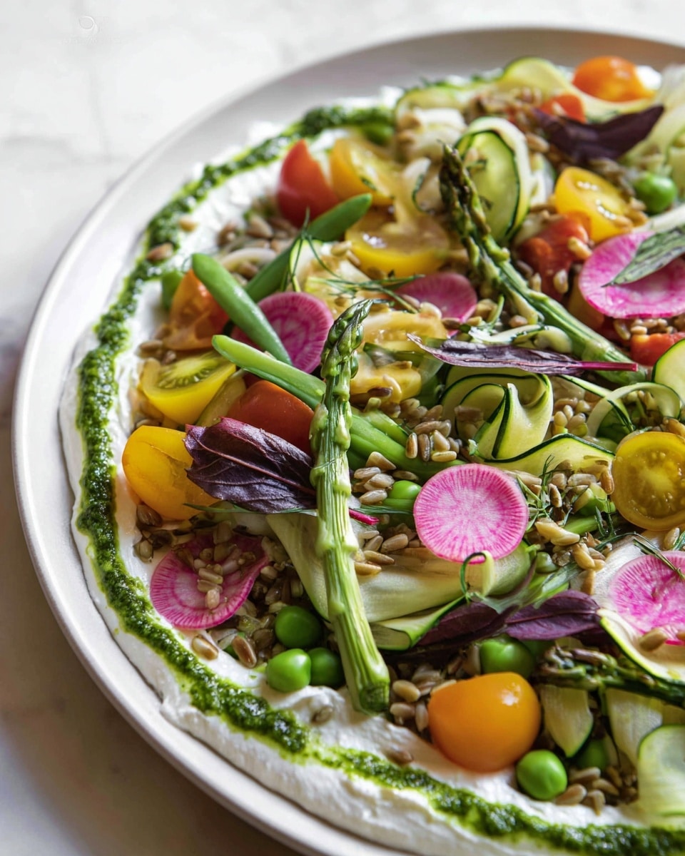 A close-up of a fresh vegetable salad on a white plate set on a white marbled texture. The salad has a base layer of white creamy spread with a green pesto swirl along the edge of the plate. On top of this, there is a colorful mix of thinly sliced zucchini ribbons and green asparagus stalks, bright green peas, and halved yellow and orange cherry tomatoes. Scattered among these are round slices of pink and white radishes and dark purple leafy greens. The top layer is sprinkled with small, light brown grains or seeds, adding texture and a crunchy look to the dish. Photo taken with an iphone --ar 4:5 --v 7