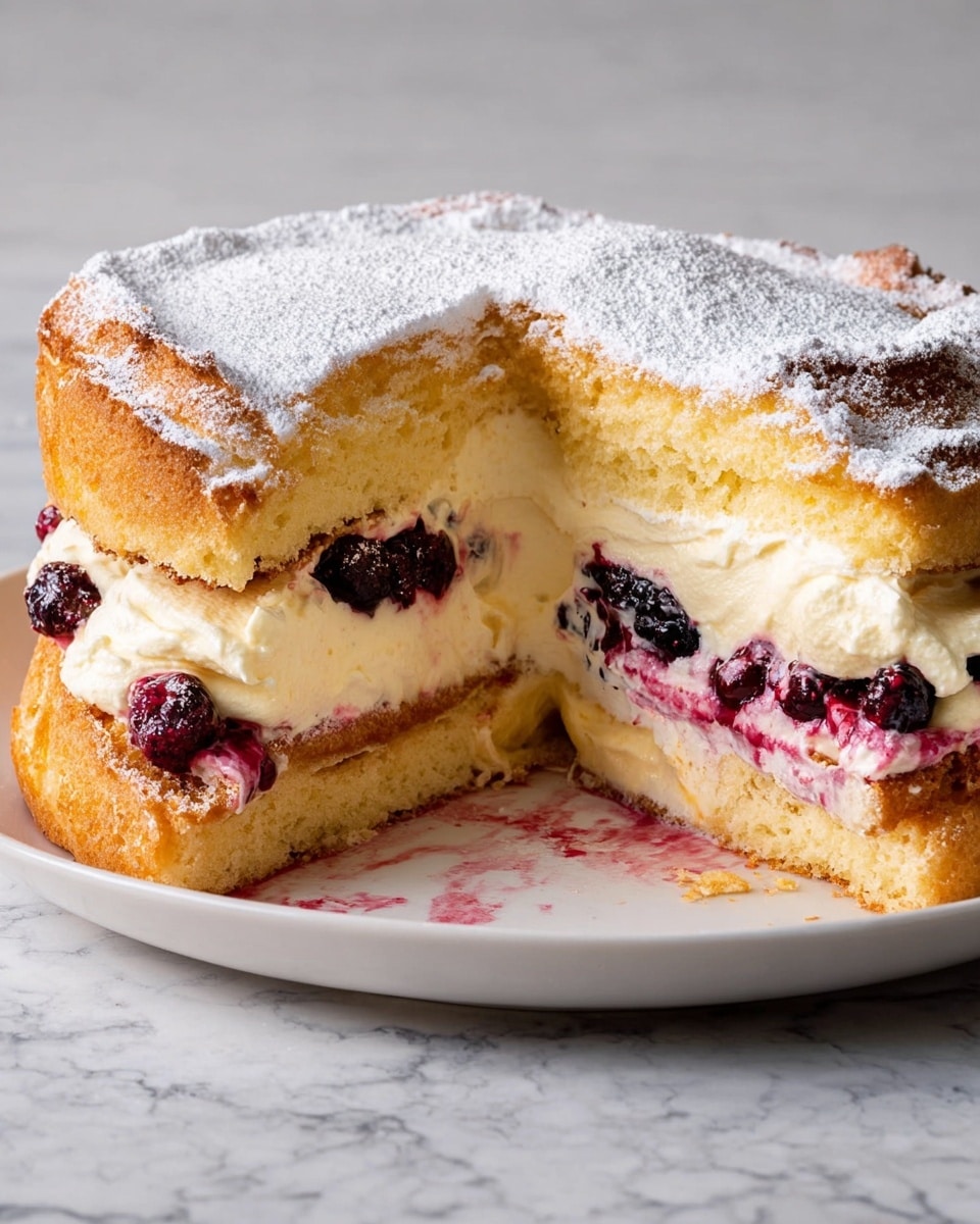 A tall, light golden brown sponge cake with a soft, uneven top layer dusted with white powdered sugar sits on a white plate. The cake is sliced to show three main layers: a thick, pale cream filling with a smooth, creamy texture sits between two layers of the cake, and inside the cream are dark red and black mixed berries that add color with their soft, juicy look. Some berry juice slightly spills onto the white plate, highlighting the fresh fruit inside. The surface under the plate has a white marbled texture. photo taken with an iphone --ar 4:5 --v 7