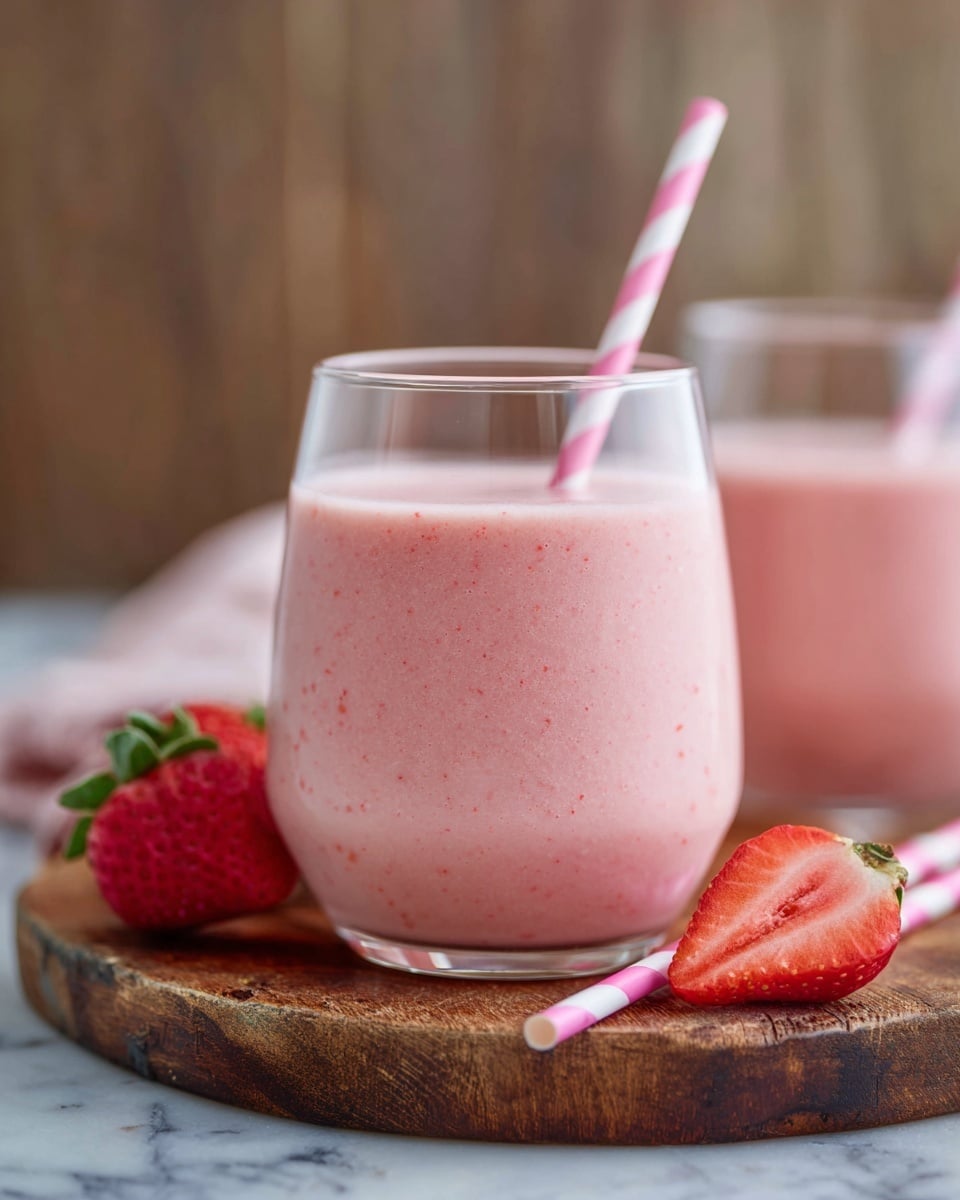 A clear glass filled with a smooth, light pink strawberry smoothie that has tiny red specks throughout, sitting on a round wooden board. The glass has a pink and white striped straw inside it, and beside the glass on the board is a halved fresh strawberry showing its bright red flesh and white core, along with two pink and white striped straws lying next to it. In the blurred background, another glass with the same pink smoothie and straw can be seen. The setting includes a white marbled surface underneath the wooden board. photo taken with an iphone --ar 4:5 --v 7