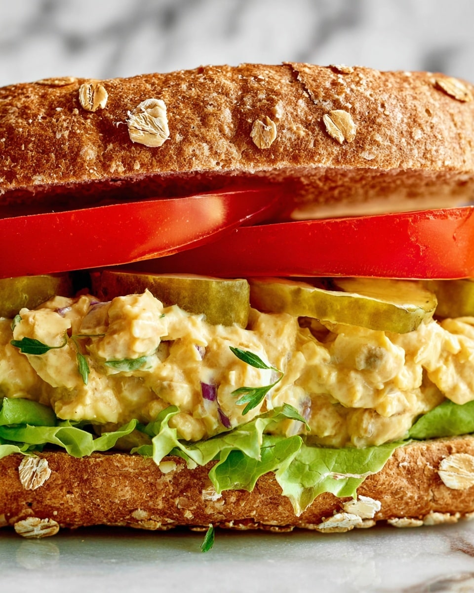 A close-up view of a sandwich showing three main layers inside a whole grain bun with oat flakes on top. The bottom layer contains fresh green lettuce leaves and sliced pickles with a shiny texture, followed by a thick creamy egg salad mixed with small pieces of celery, herbs, and bits of egg creating a lumpy and soft texture in the middle. On top of this, there are two thick and bright red tomato slices, with the top bun sitting lightly above the tomato. The background and surface use a white marbled texture. Photo taken with an iphone --ar 4:5 --v 7