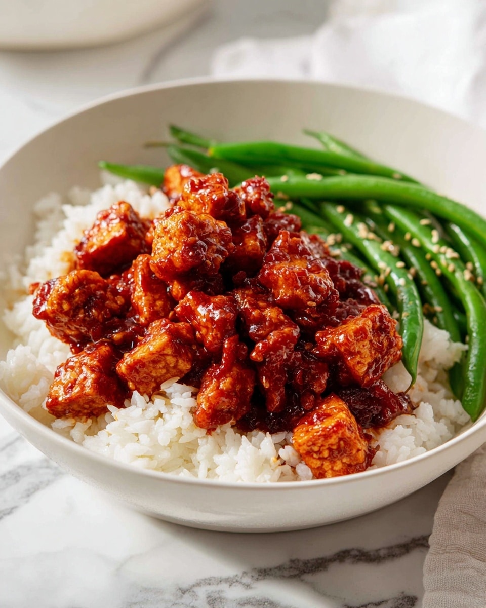 The dish shows a white bowl filled with three main layers: at the bottom, there is a bed of fluffy white rice with individual grains visible; on top of the rice, there are many small pieces of diced tempeh covered in a thick, glossy reddish-brown sauce with a slightly sticky texture; to the left side of the bowl, a bunch of whole, bright green beans with some sesame seeds are neatly placed, adding freshness and contrast. The bowl sits on a white marbled surface with a soft focus on the background. Photo taken with an iphone --ar 4:5 --v 7