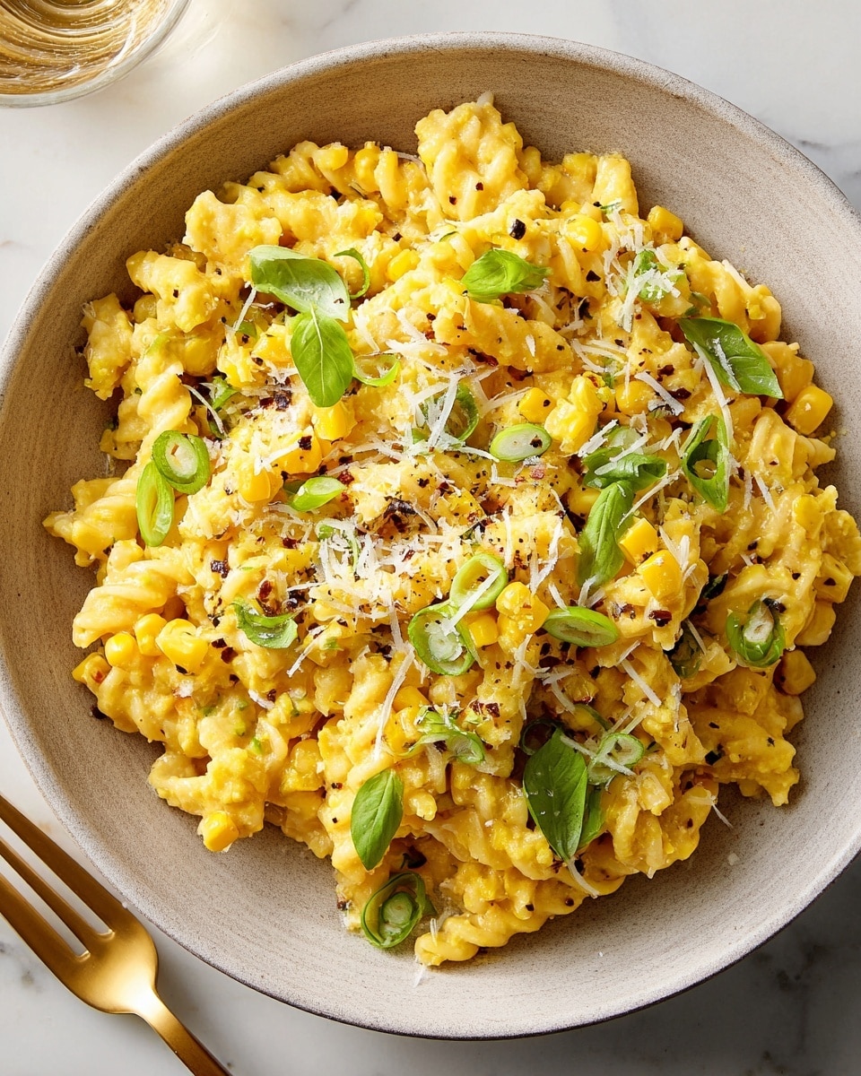 A close-up view of a dark bowl filled with creamy yellow pasta that has a rough, ruffled edge texture and is generously coated in a smooth sauce. The pasta is mixed with bright yellow corn kernels and scattered with fresh green basil leaves and thin slices of green onion. Finely grated white cheese is sprinkled over the top, adding a light snowy texture. Small red chili flakes are also visible, adding pops of color and a hint of spice. A golden fork rests on the right side of the bowl. The bowl is placed on a white marbled surface. photo taken with an iphone --ar 4:5 --v 7