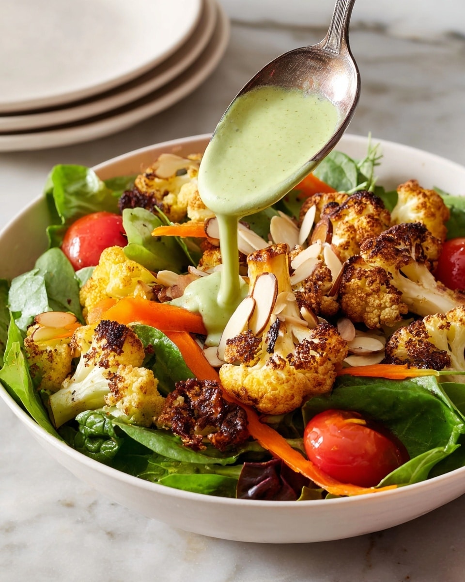 The image shows a white bowl filled with a fresh salad that has several layers. The bottom layer is made of green leafy lettuce and spinach, creating a fresh base. On top of this, there are roasted cauliflower pieces that have a browned, crispy texture with some dark charred spots. Scattered around are thin ribbons of orange carrot, slices of red cherry tomatoes, and a few toasted almond slices adding contrast and texture. A silver spoon is held above the salad, lifting a smooth, pale green sauce ready to be poured over the vegetables. The bowl sits on a white marbled surface, with a stack of white plates in the background. photo taken with an iphone --ar 4:5 --v 7