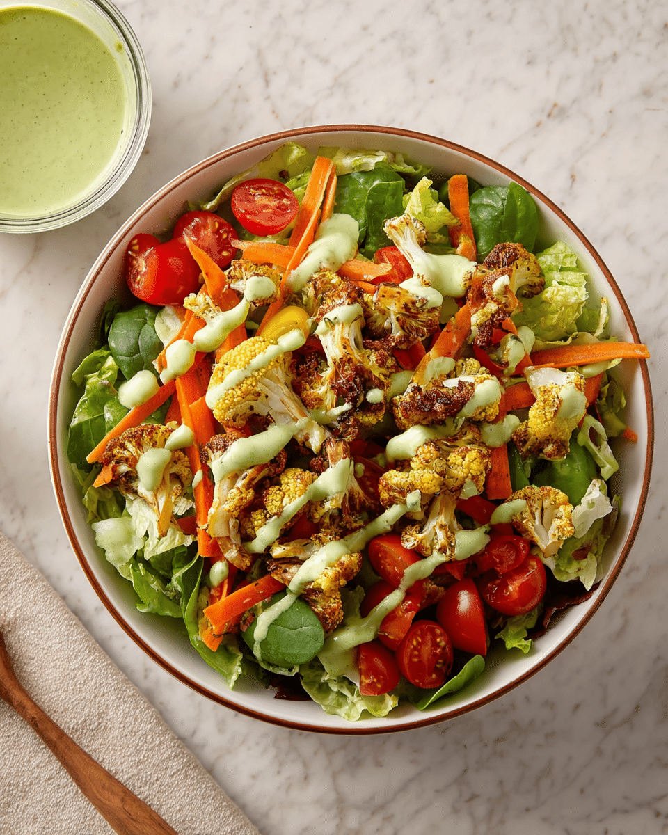A white bowl with a brown rim is filled with a fresh salad that has several layers: the bottom layer is green leafy lettuce and spinach, followed by scattered slices of bright orange carrot ribbons and red cherry tomato halves. On top, there are golden-brown roasted cauliflower florets with a slightly charred look. The whole salad is drizzled with a pale green creamy dressing in thin lines across the top. The bowl sits on a white marbled surface next to a small container of the same green dressing. Photo taken with an iphone --ar 4:5 --v 7