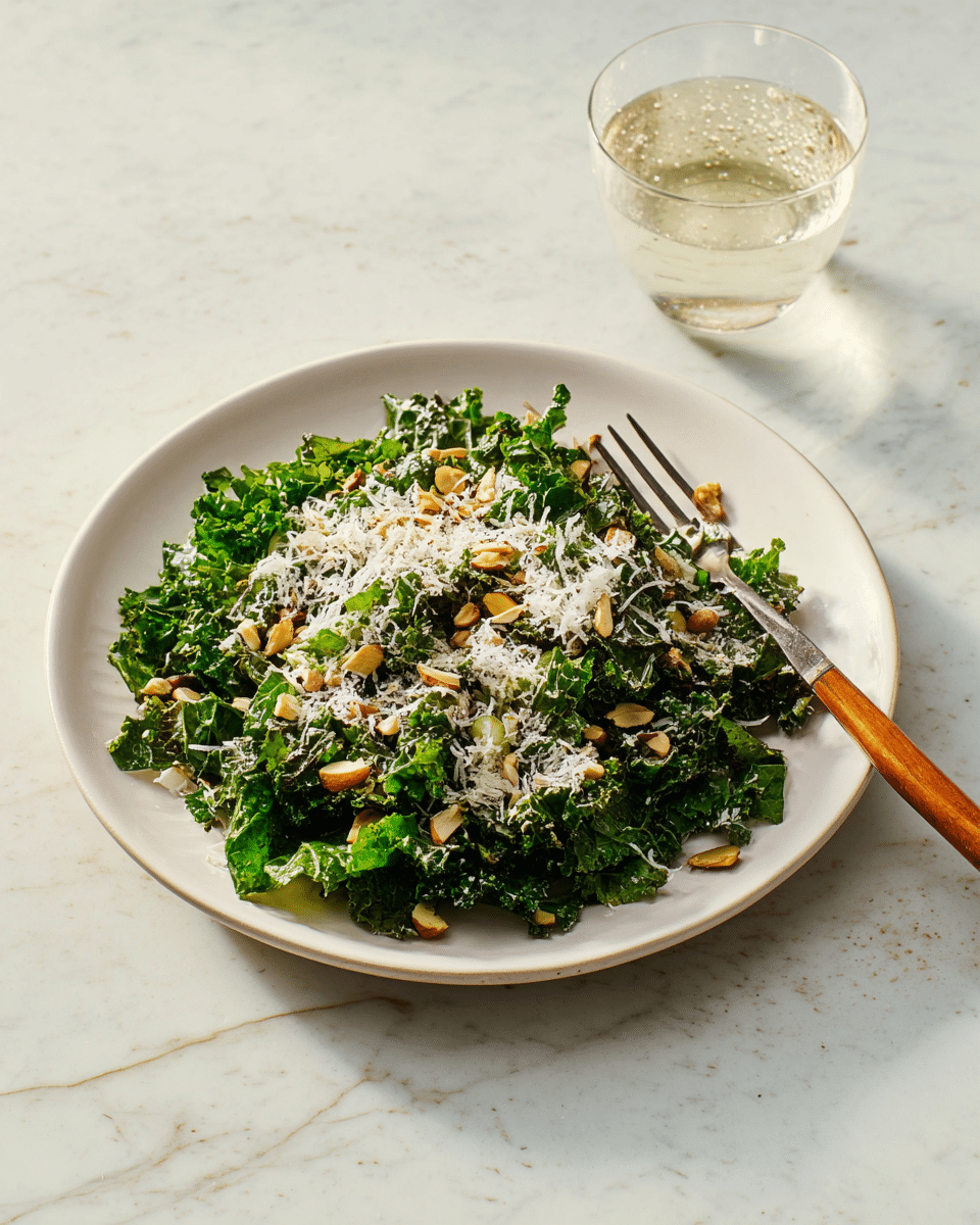 A white plate holds a fresh kale salad with dark green curly kale leaves forming the base layer, topped with a layer of finely grated light-colored cheese scattered evenly across the salad. Small chunks of light green and light brown chopped nuts are spread on top, adding texture. A silver fork with a wooden handle rests on the edge of the plate. The plate sits on a white marbled surface with soft natural light coming from the left side, and there is a clear glass of sparkling water in the background. photo taken with an iphone --ar 4:5 --v 7