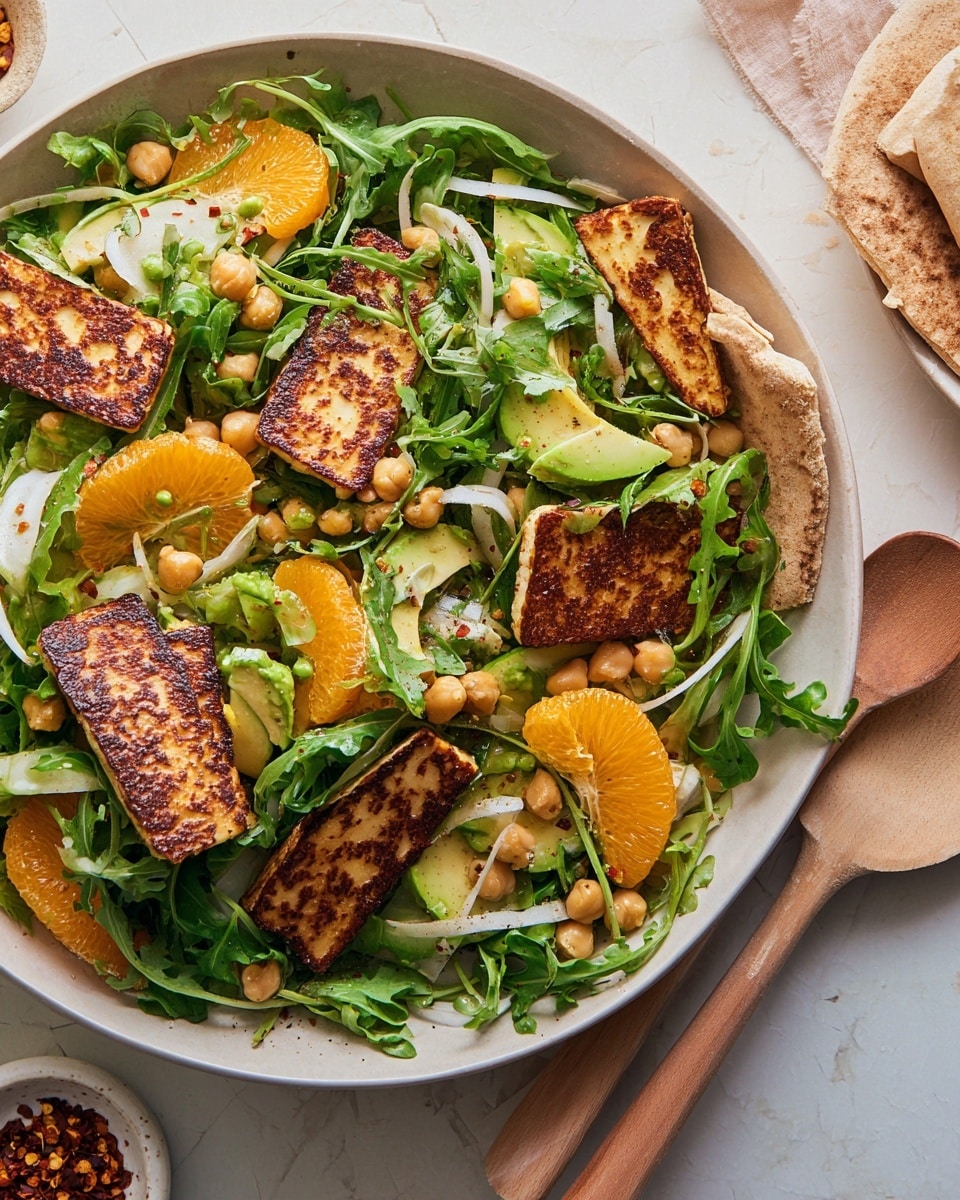 A white plate filled with a colorful layered salad sits on a white marbled surface. The bottom layer is a mix of fresh, bright green arugula leaves, topped with thin, white slices of fennel spread throughout. There are segments of bright orange orange slices placed intermittently on top along with scattered beige chickpeas. Slices of light green avocado and pieces of toasted pita bread add texture among the greens. The top layer has golden-brown, grilled halloumi cheese rectangles placed evenly across the salad. A couple of small green chili pieces are scattered on top. Wooden salad spoons with light brown handles rest inside the bowl, and a small white dish with red chili flakes is nearby. Photo taken with an iphone --ar 4:5 --v 7