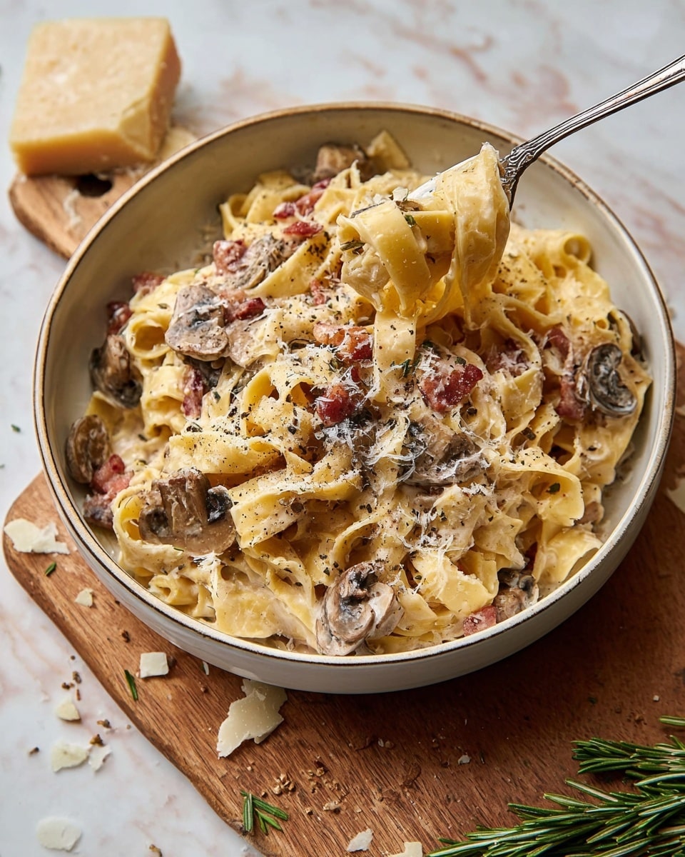 A bowl filled with creamy pasta made of flat, wide noodles twisted and piled high, mixed evenly with layers of browned sliced mushrooms and small chunks of cooked bacon, all coated in a light sauce. The pasta is topped with finely grated cheese and sprinkled with cracked black pepper. A silver fork lifts a small twisted bundle of noodles from the bowl. The bowl sits partly on a wooden cutting board with a sprig of rosemary and cheese shavings scattered nearby, all placed on a surface with a white marbled texture. Photo taken with an iphone --ar 4:5 --v 7