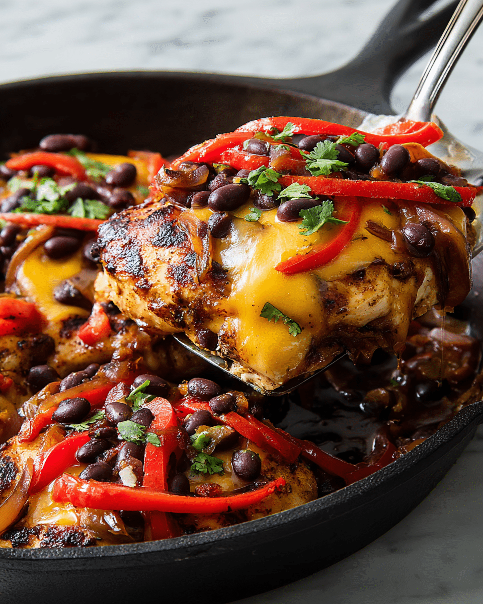 A close-up of a cooked chicken breast held by a metal spatula, showing three main layers: the browned and grilled chicken base, a melted yellow cheese layer covering the chicken, and a topping of cooked black beans, thin red bell pepper strips, and soft caramelized onions with small green cilantro leaves scattered on top. The dish is in a black cast iron skillet on a white marbled surface, with more chicken pieces and toppings visible in the skillet's background. Photo taken with an iphone --ar 4:5 --v 7