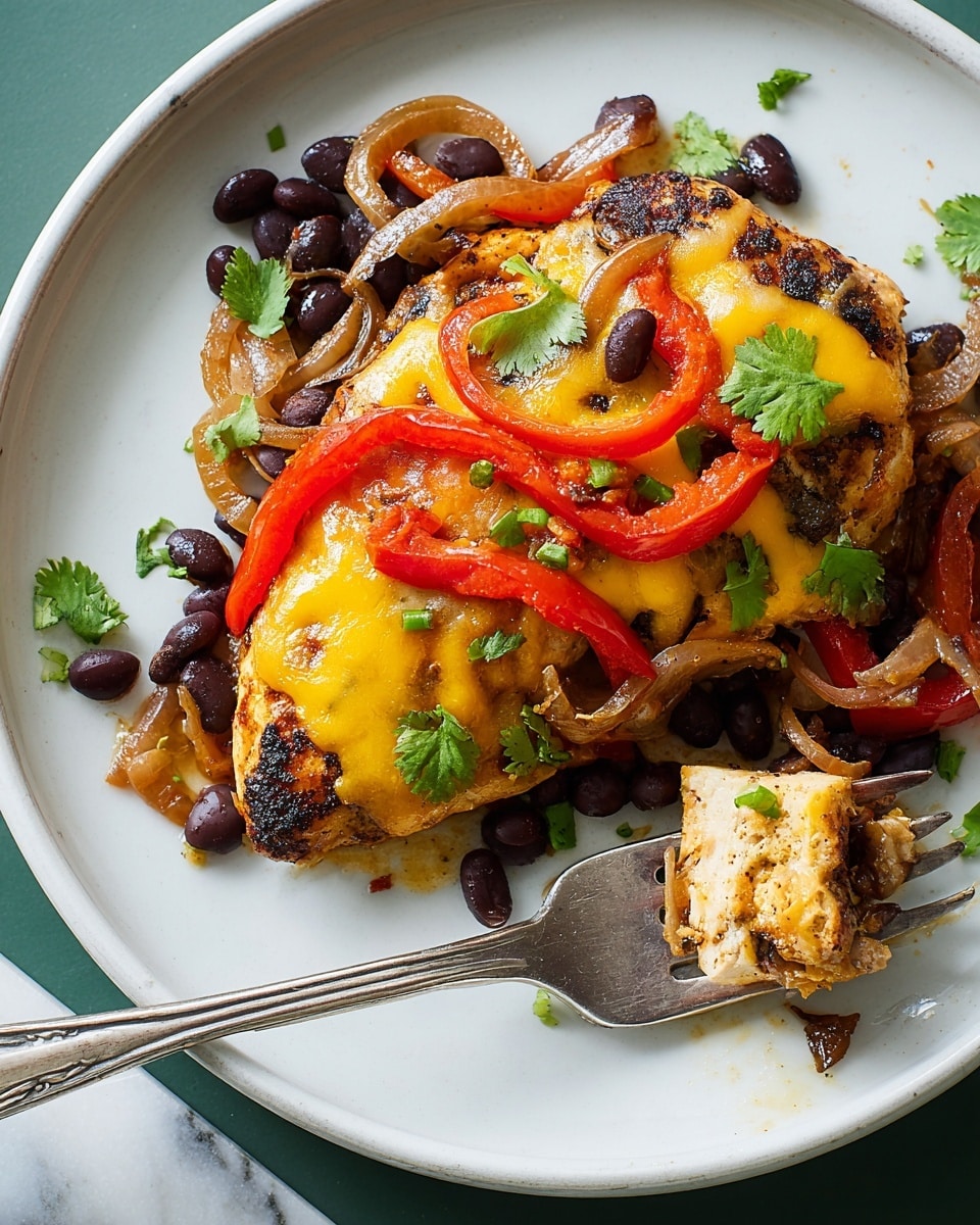 A white plate with a piece of grilled chicken breast at the center, topped with melted yellow cheddar cheese, black beans, and thin slices of cooked red bell pepper and caramelized onions scattered on and around the chicken. The chicken has a browned, crispy outside with visible grill marks. Black beans and cooked onions are spread around the plate. A silver fork holds a bite of chicken, red pepper, and onion near the bottom right. Small green cilantro leaves are sprinkled on top for garnish. The plate is placed on a white marbled surface. photo taken with an iphone --ar 4:5 --v 7
