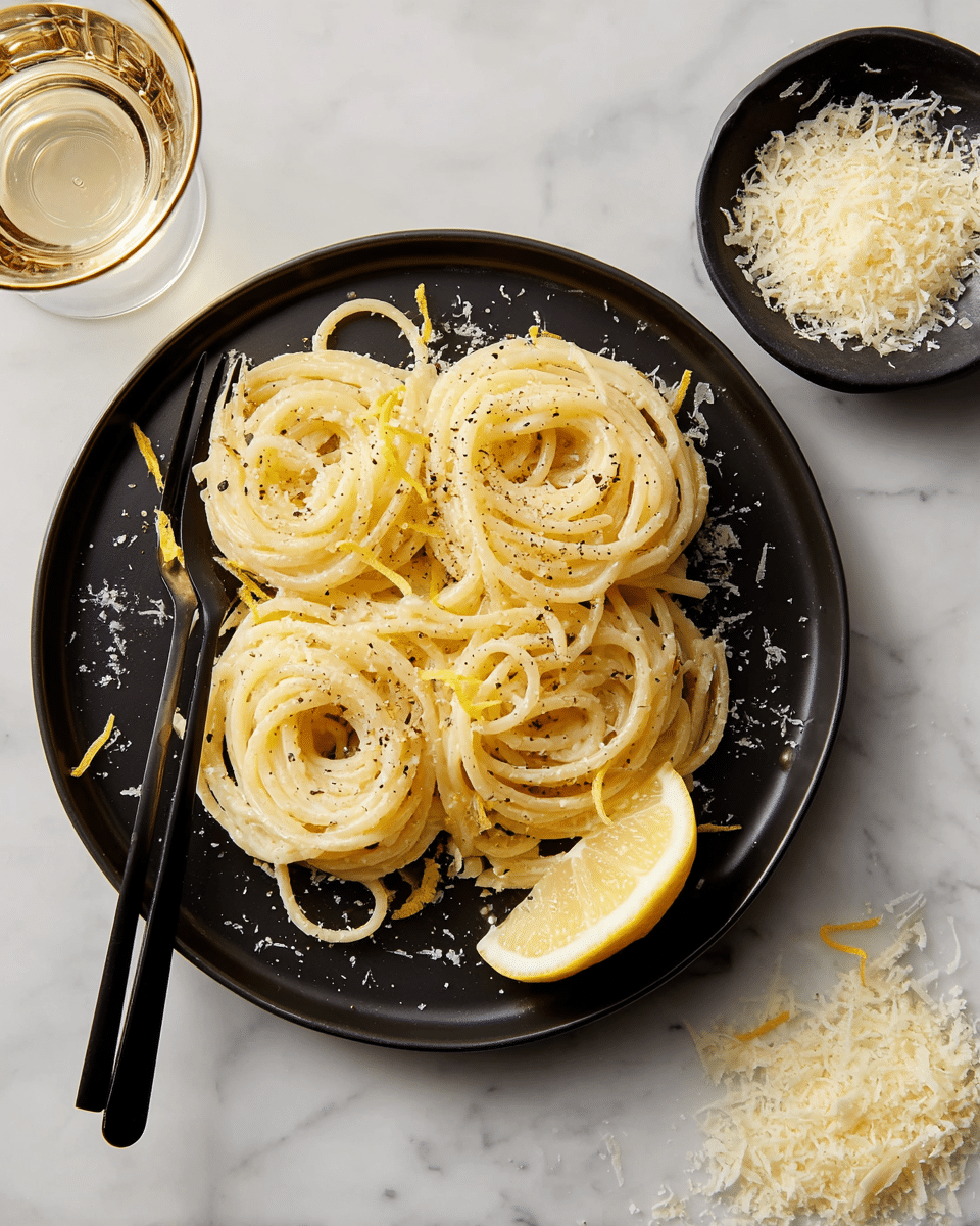 A black plate sits on a white marbled surface holding three neat swirls of spaghetti pasta, creamy and light yellow in color with a smooth texture, sprinkled with black pepper flakes and thin lemon zest strips for a touch of color. A lemon wedge with visible juicy texture is placed on the bottom right of the plate. A black fork and spoon rest on the plate's lower left side, partially under the pasta. To the right of the plate is a small black bowl filled with finely grated pale yellow cheese, with some cheese scattered on the white marbled surface around it. At the top left corner, part of a clear glass cup with a gold rim is visible. photo taken with an iphone --ar 4:5 --v 7