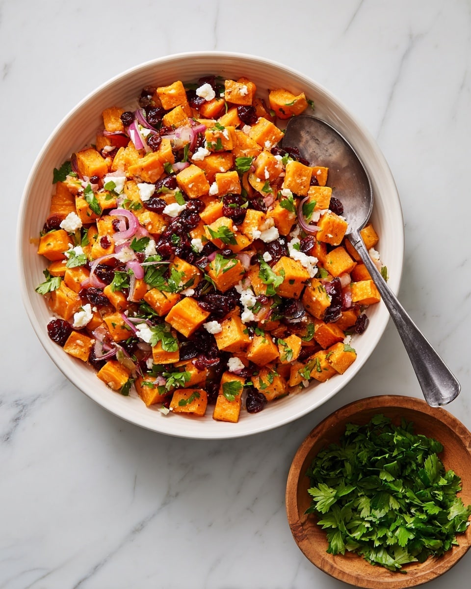 A white bowl filled with a colorful mix of small orange sweet potato cubes as the main layer, scattered with thin slices of cooked red onion, dark red dried cranberries, and small white crumbles of cheese. Fresh green parsley leaves are spread on top as garnish. A silver spoon rests inside the bowl on the right side. To the right of the bowl is a smaller wooden bowl filled with fresh parsley leaves, all placed on a white marbled surface. photo taken with an iphone --ar 4:5 --v 7