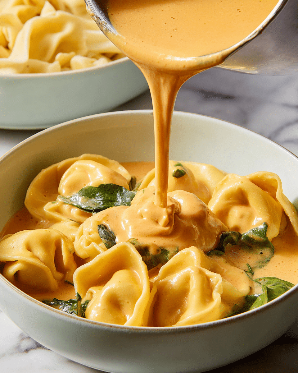 A close-up shows yellow tortellini pasta in a white bowl, with a rich creamy orange sauce being poured over from above, thick with a smooth texture and some green leafy bits floating in it. The sauce flows down gently covering the pasta pieces beneath, which have a folded shape and a soft, smooth finish. The background is a white marbled texture with another white bowl slightly blurred, filled with more pasta in the top left corner. photo taken with an iphone --ar 4:5 --v 7