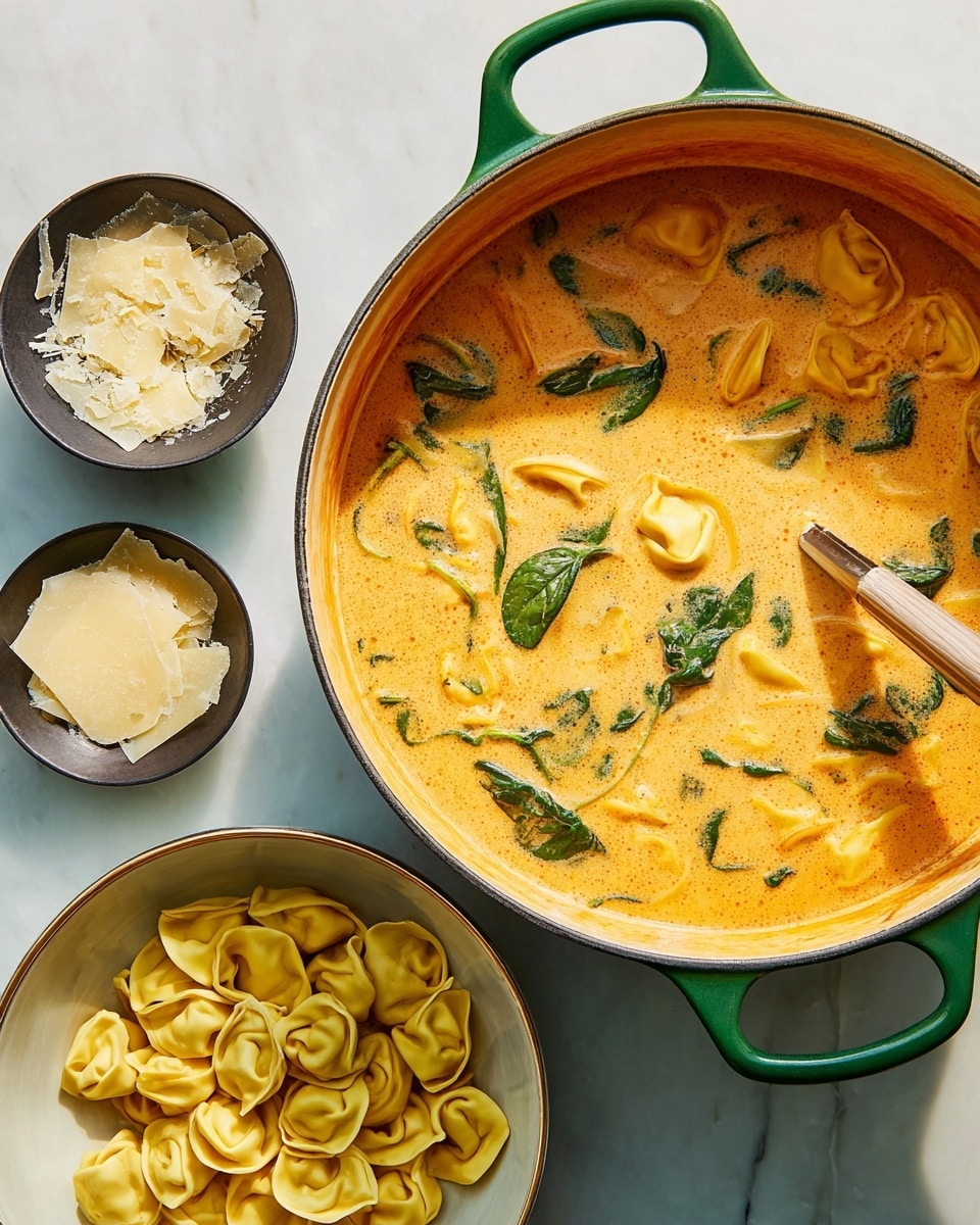 The image shows three dishes on a white marbled surface: a large green pot filled with orange creamy soup mixed with green spinach leaves, a white bowl filled with yellow tortellini pasta, and a smaller white bowl with more yellow tortellini. There is also a small black bowl filled with light beige shaved cheese pieces. A beige spoon is resting inside the pot, partially submerged in the soup. The light creates soft shadows and makes the colors look natural and rich. photo taken with an iphone --ar 4:5 --v 7