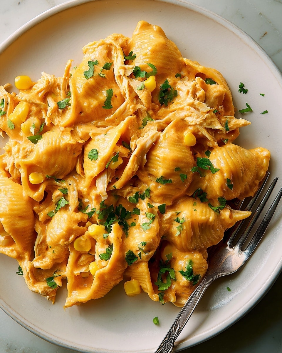 A close-up view of a white plate filled with creamy, orange-colored pasta shells layered with bits of cooked corn and shredded chicken. Each shell is coated with a thick, smooth sauce giving a glossy shine, and the dish is topped with scattered bright green chopped herbs for contrast. The pasta pieces have an irregular, ridged texture, while the sauce looks rich and slightly thick, pooling in some areas. A silver fork rests on the right edge of the plate, which sits on a white marbled surface. Photo taken with an iphone --ar 4:5 --v 7