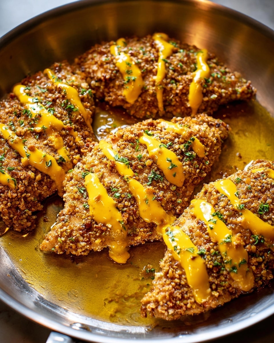 The image shows a close-up of a single thick slice of nut-crusted food with a rough, chunky texture made from chopped nuts forming the first outer layer, colored brown with specks of white from the nuts. On top, there is a smooth, glossy second layer of creamy yellow sauce thickly drizzled across the surface in three long streaks. Scattered on top of both layers are small green herb leaves adding fresh color. The dish is on a glossy white plate with subtle ripple texture, placed on a white marbled background. Photo taken with an iphone --ar 4:5 --v 7