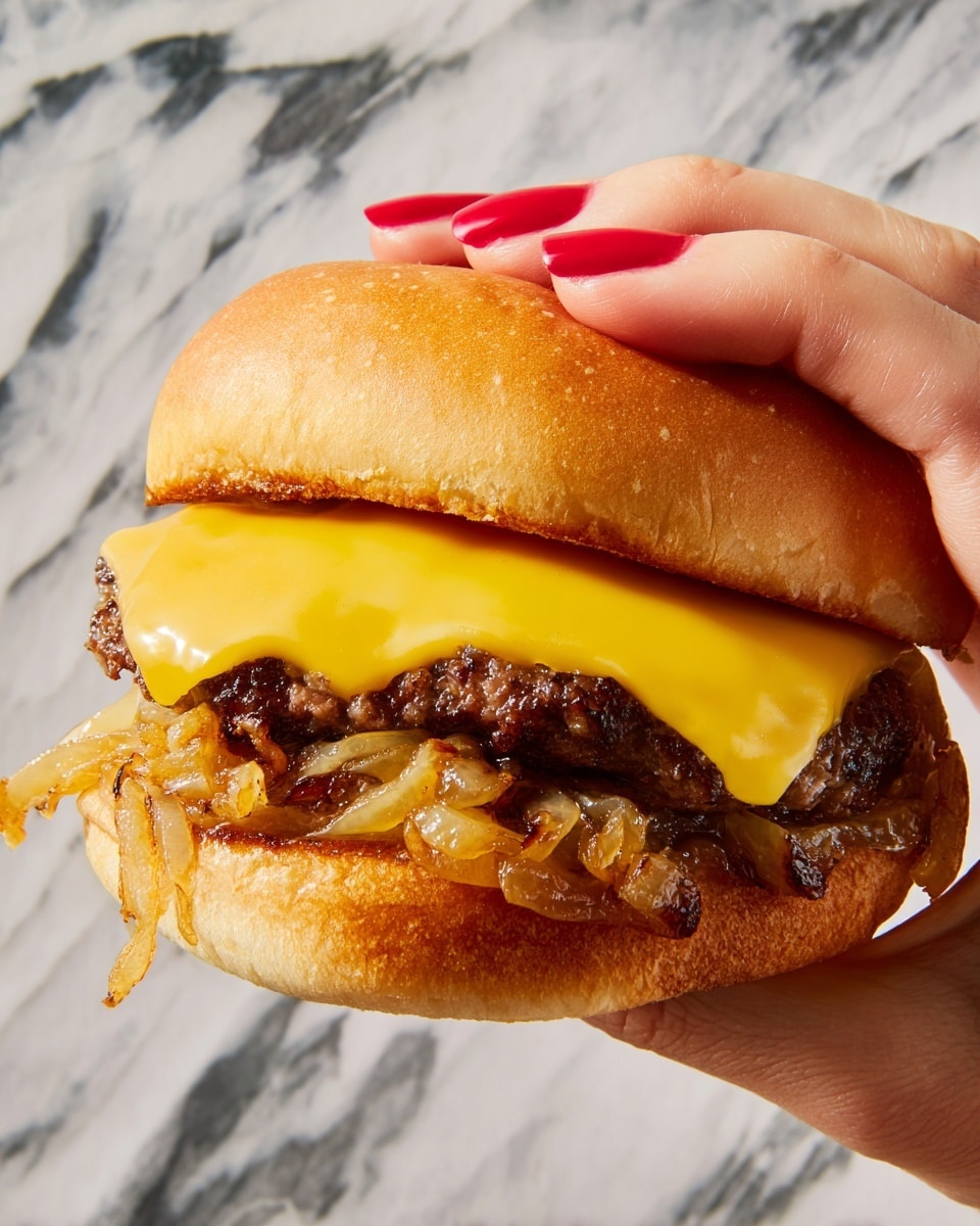 A woman’s hand with red nail polish holds a cheeseburger with three visible layers: the top is a soft, golden-brown bun with a smooth texture, below it is a thick, melty slice of bright yellow cheddar cheese, then a juicy, browned beef patty with a slightly crispy edge, and at the bottom are golden caramelized onions spilling out around the edges. The background is a white marbled texture. photo taken with an iphone --ar 4:5 --v 7
