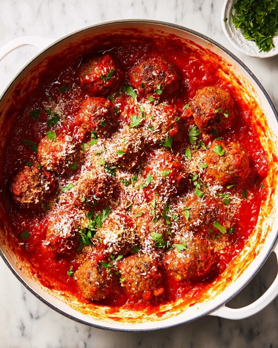 A white pot filled with about twenty brown meatballs covered with thick, bright red tomato sauce showing a textured mix of smooth and chunky parts, sprinkled evenly with finely grated white cheese and small pieces of green parsley leaves spread on top and around; the sauce partly coats the pot's inner sides with splashes along the rim, all set on a white marbled surface. photo taken with an iphone --ar 4:5 --v 7