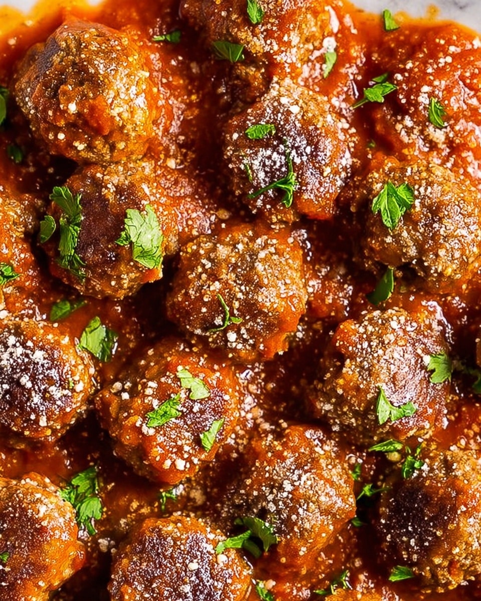 A close-up view of many browned meatballs covered in a rich, thick red tomato sauce, scattered with small green parsley leaves and sprinkled lightly with grated cheese. The meatballs show a textured crust with some darker brown spots, and the sauce appears glossy and smooth, pooling around and between the meatballs. The overall colors are warm with reds, browns, and bright green accents. The dish is set on a white marbled texture surface. photo taken with an iphone --ar 4:5 --v 7