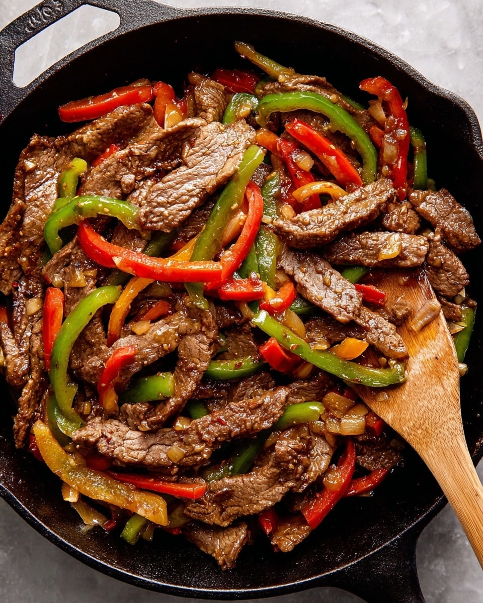 A close-up view of a black cast iron pan filled with thin slices of cooked beef mixed with vibrant red and green bell pepper strips. The beef has a glossy, slightly caramelized surface with visible bits of garlic, while the bell peppers add bright pops of color and a slight shine, showing they are cooked but still crisp. A wooden spatula is scooping some of the beef and peppers from the right side of the pan, all set against a white marbled texture background. photo taken with an iphone --ar 4:5 --v 7