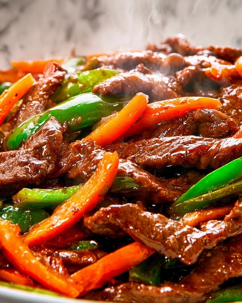 The image shows a close-up of a stir-fry dish with juicy brown strips of beef mixed with bright orange carrot sticks and green bell pepper slices. The beef looks tender with a shiny glaze, and the vegetables are fresh and slightly cooked, adding a bit of crispness and bright color next to the meat. The sauce is glossy and thick, coating every piece and giving the dish a rich texture. The whole dish sits against a white marbled background that highlights the vibrant colors and steam rising gently from the food. photo taken with an iphone --ar 4:5 --v 7