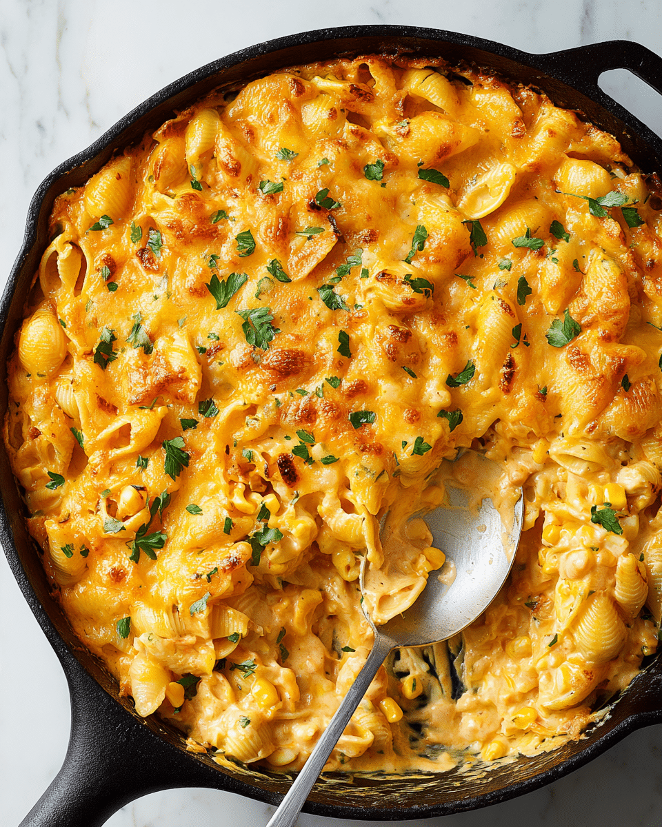The dish shows a thick creamy pasta bake in a black cast iron skillet placed on a white marbled surface, with three layers visible: the bottom layer is small shell pasta in pale yellow; the middle layer is creamy, melted bright orange cheese sauce with bits of white beans and corn mixed in; the top layer is a golden, bubbling cheese crust dotted with fresh green herbs scattered around. A silver spoon is partially dipped inside, mixing the layers, with some creamy cheese sauce spilling lightly over the edge. Photo taken with an iphone --ar 4:5 --v 7