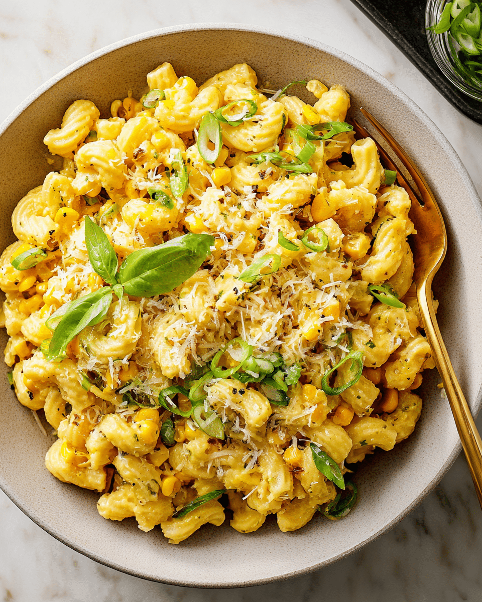 The dish is a bowl of creamy yellow pasta with ridged edges, mixed with small pieces of yellow corn and garnished with bright green basil leaves and thinly sliced green onions scattered across the top. There is a light sprinkling of grated white cheese covering the pasta, adding texture and contrast. The pasta sits in a matte white bowl, on a white marbled surface with a gold fork visible on the side. The overall look is vibrant and fresh, with the yellow pasta and corn providing warmth, and the green herbs adding a pop of color. photo taken with an iphone --ar 4:5 --v 7