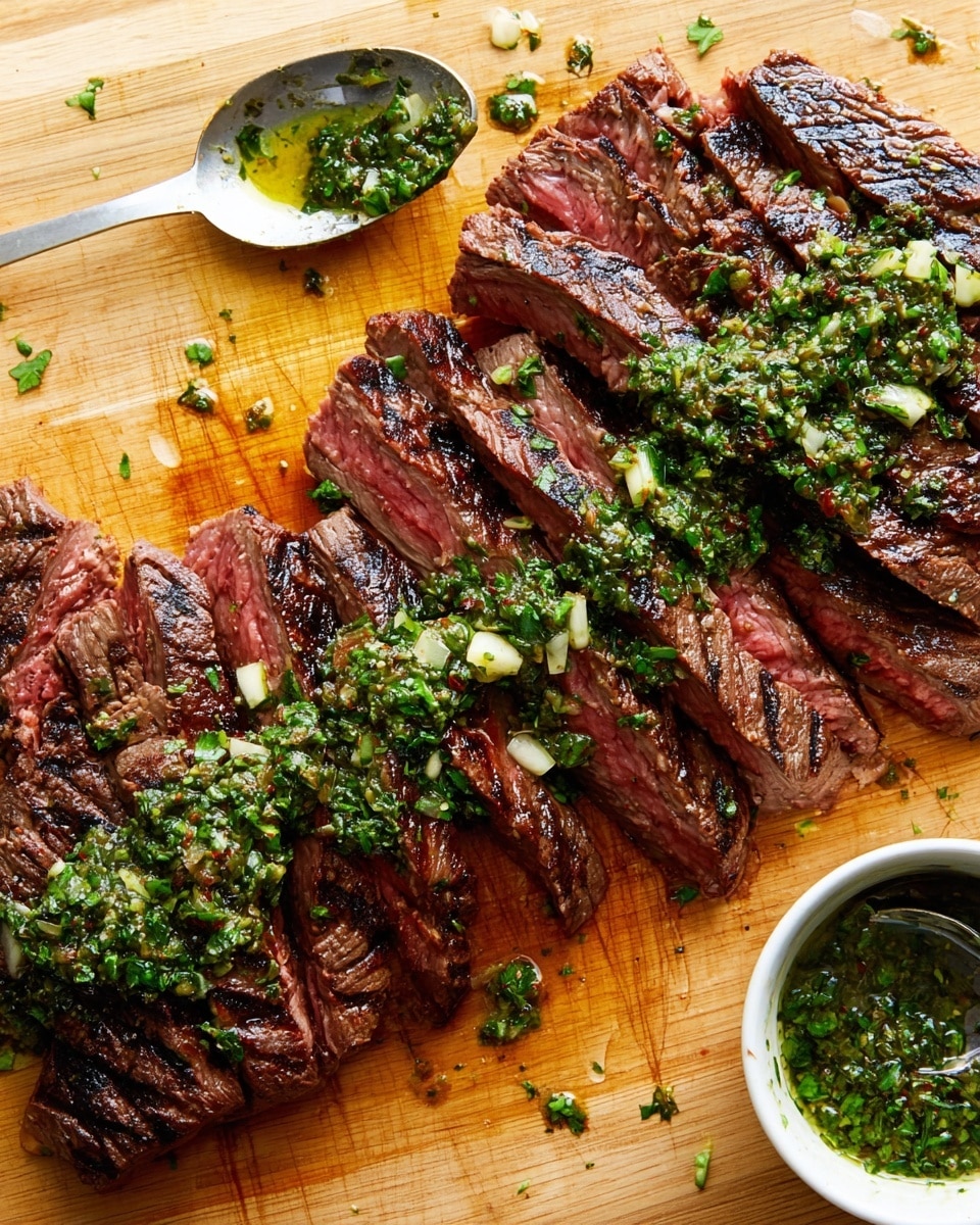 The image shows a white oval plate filled with sliced steak arranged in one layer, each piece having a brown grilled outside and a pink juicy inside. The steak slices are topped with a green herb sauce that looks like chopped parsley and garlic mixed with oil, spread unevenly over the meat. A fork is placed under one slice near the center left of the plate, lifting it slightly. The background is a white marbled surface. photo taken with an iphone --ar 4:5 --v 7