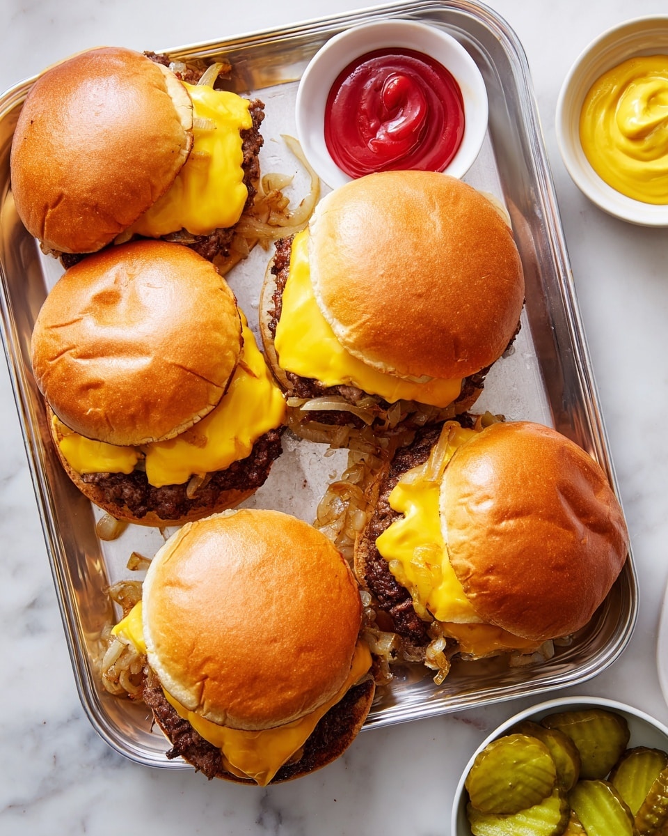 Five cheeseburgers are placed on a silver tray with golden-brown, soft buns on top. Each burger has a thick beef patty layered with melted yellow cheddar cheese beneath the buns, and caramelized onions peeking out from the sides. One side of the tray shows a small white bowl of red ketchup and another small white bowl filled with bright yellow mustard. Below the tray, a white bowl holds green pickle slices. The tray sits on a white marbled surface, adding a clean, bright background to the image photo taken with an iphone --ar 4:5 --v 7