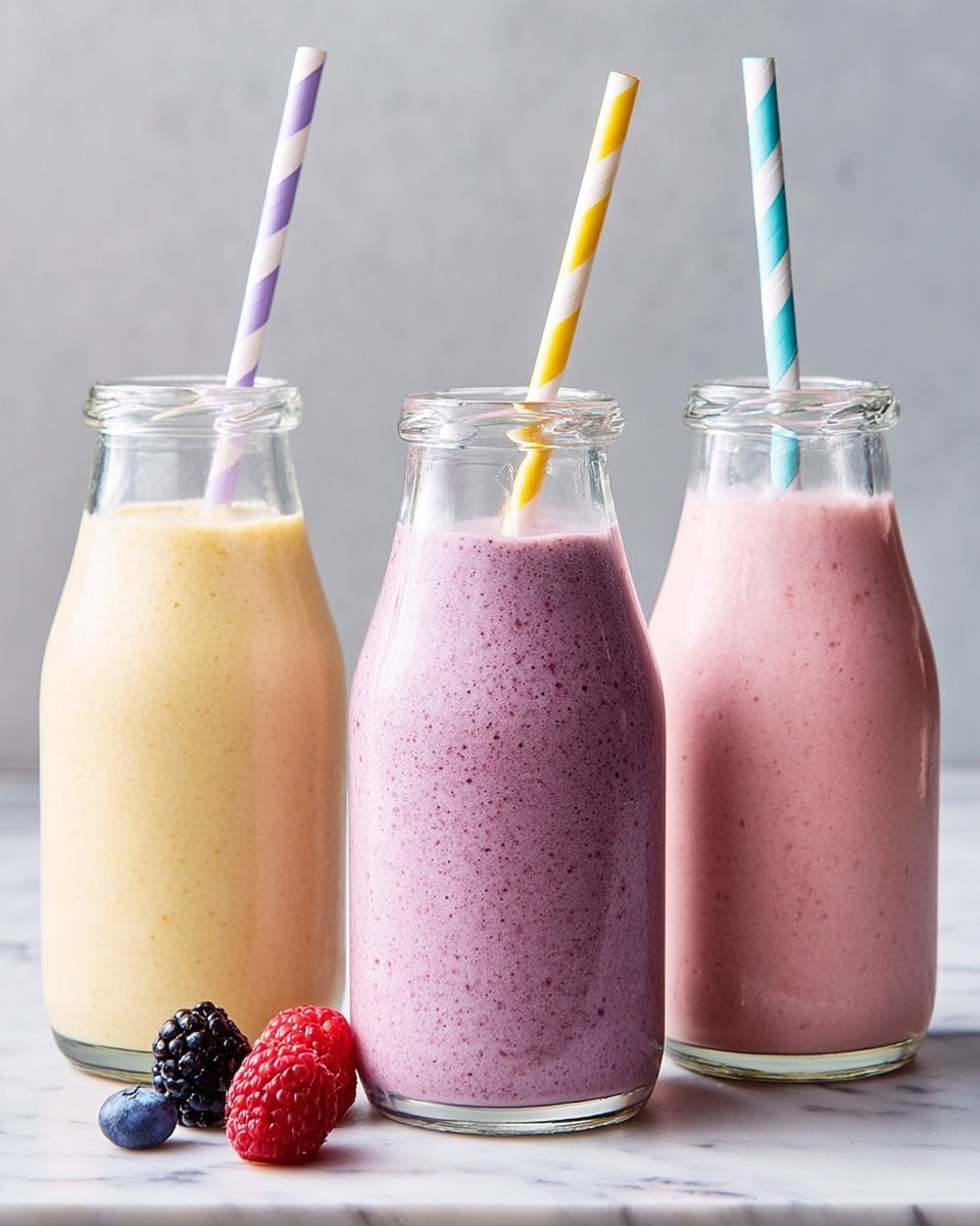 Three glass bottles are filled with thick smoothies, set side by side on a white marbled surface. The left bottle holds a creamy pale yellow smoothie with a purple and white striped paper straw inserted. The middle bottle contains a vibrant pink smoothie with visible tiny fruit seeds, topped with a yellow and white striped paper straw. The right bottle shows a light pink smoothie with darker specks, paired with a blue and white striped paper straw. In front of the left bottle, there are three berries—blackberry, raspberry, and blueberry—along with scattered chia seeds. The background is a simple light grey wall. photo taken with an iphone --ar 4:5 --v 7