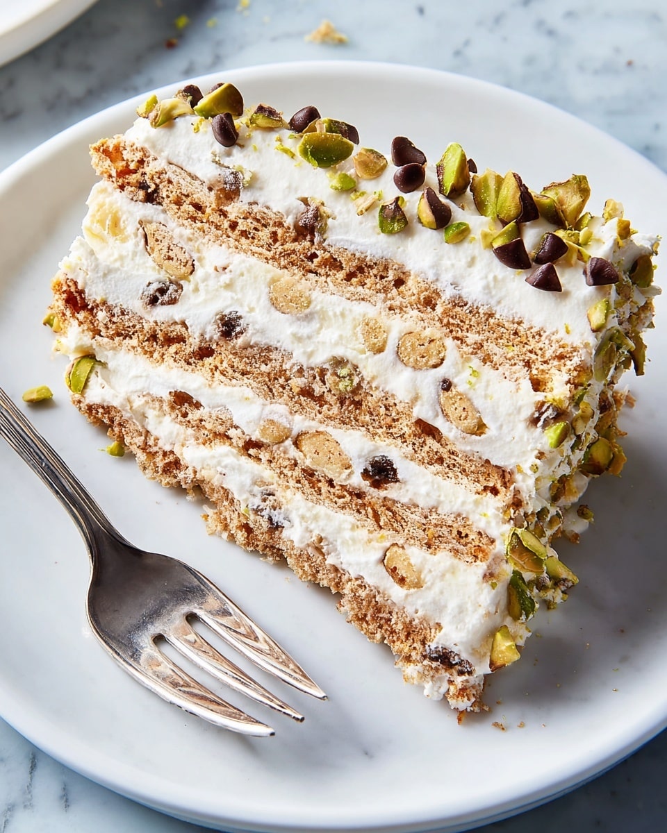 The image shows a slice of layered dessert on a white plate with a shiny silver fork. The dessert has four visible layers of light brown, crumbly biscuit-like texture, each separated by four thick creamy white layers with bits of pistachio and small chocolate chips mixed in. The top layer is creamy white with scattered chopped pistachios and chocolate chips decorating the edges. The plate sits on a white marbled surface. Photo taken with an iphone --ar 4:5 --v 7