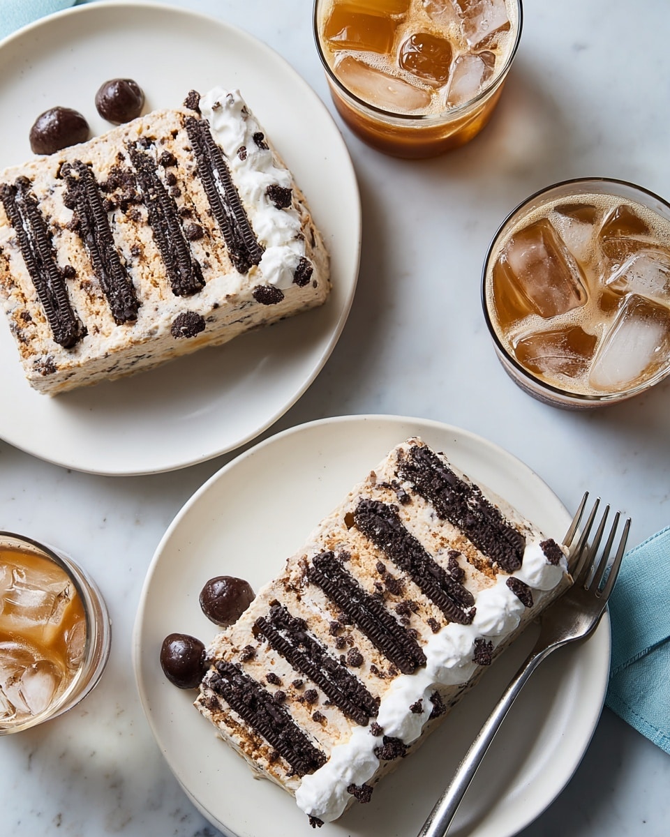 Two slices of layered ice cream dessert sit on white plates placed on a white marbled texture. Each slice has four layers showing dark chocolate sandwich cookies embedded vertically inside a light brown ice cream base. On one side of each slice, there is a dollop of white whipped cream topped with small round dark chocolate pieces. Two glasses filled with iced coffee are positioned near the plates. A fork rests on the right plate beside the dessert. Photo taken with an iphone --ar 4:5 --v 7